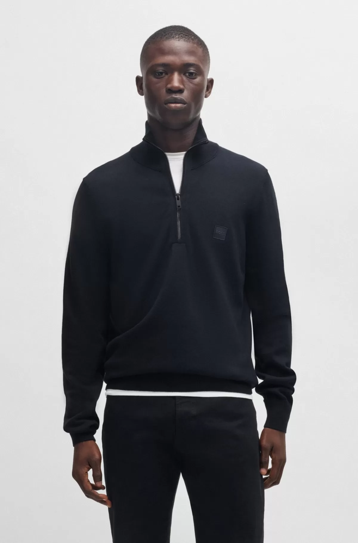 HUGO BOSS Sweater Med Lynlås I Halsen Og Logomærkat I Bomuld Og Kashmir Mørkeblå Online