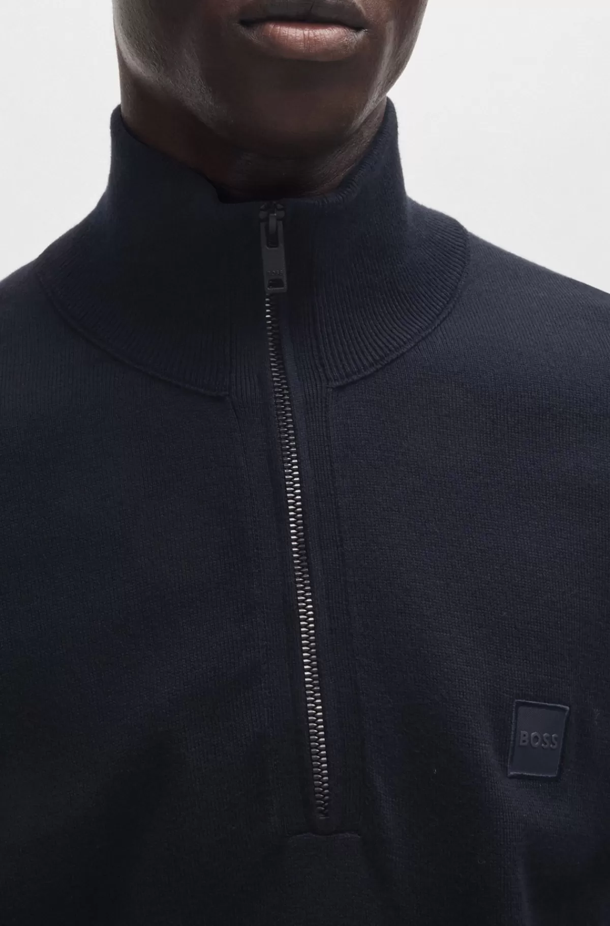 HUGO BOSS Sweater Med Lynlås I Halsen Og Logomærkat I Bomuld Og Kashmir Mørkeblå Online