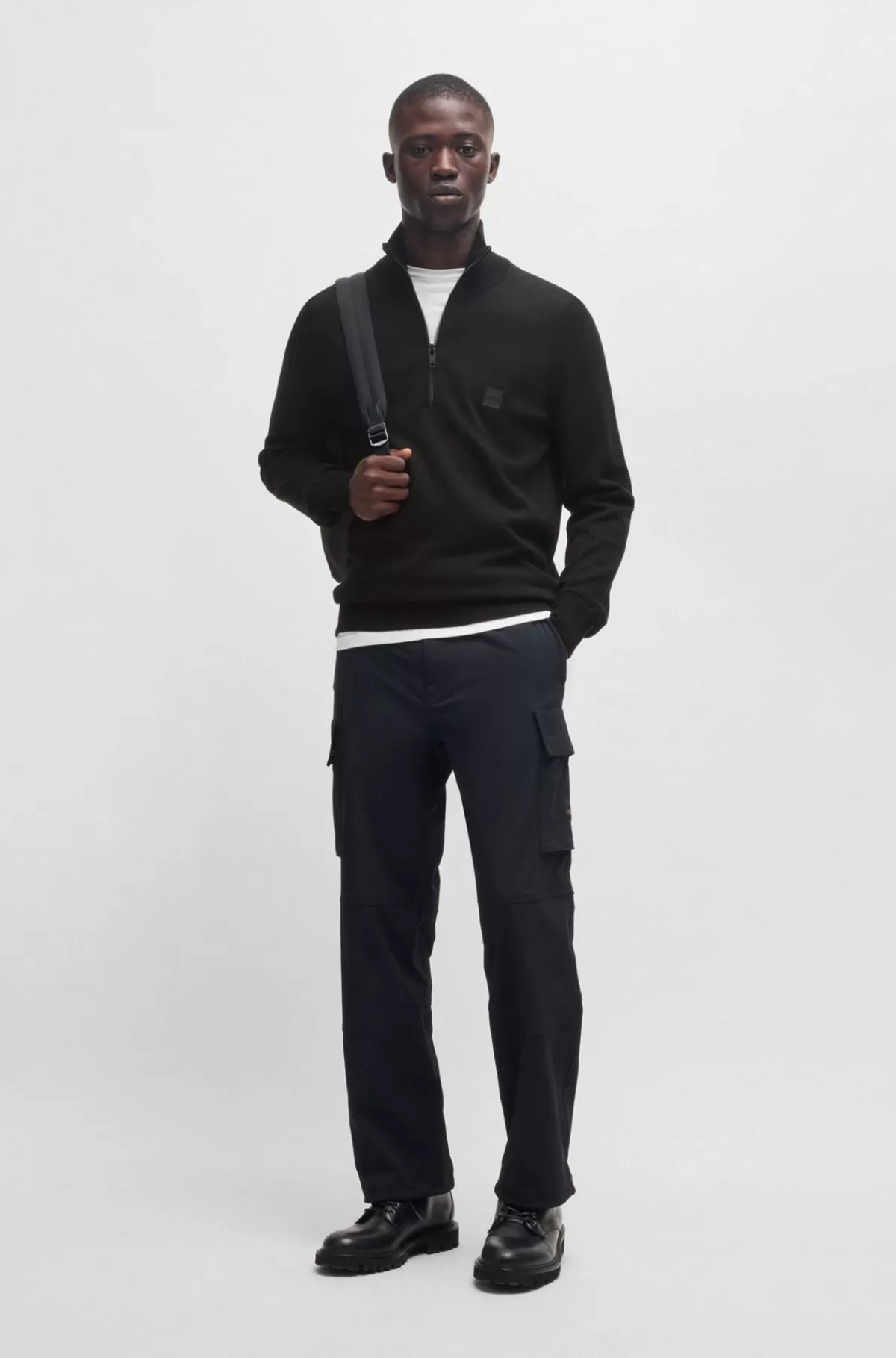 HUGO BOSS Sweater Med Lynlås I Halsen Og Logomærkat I Bomuld Og Kashmir Sort Best Sale