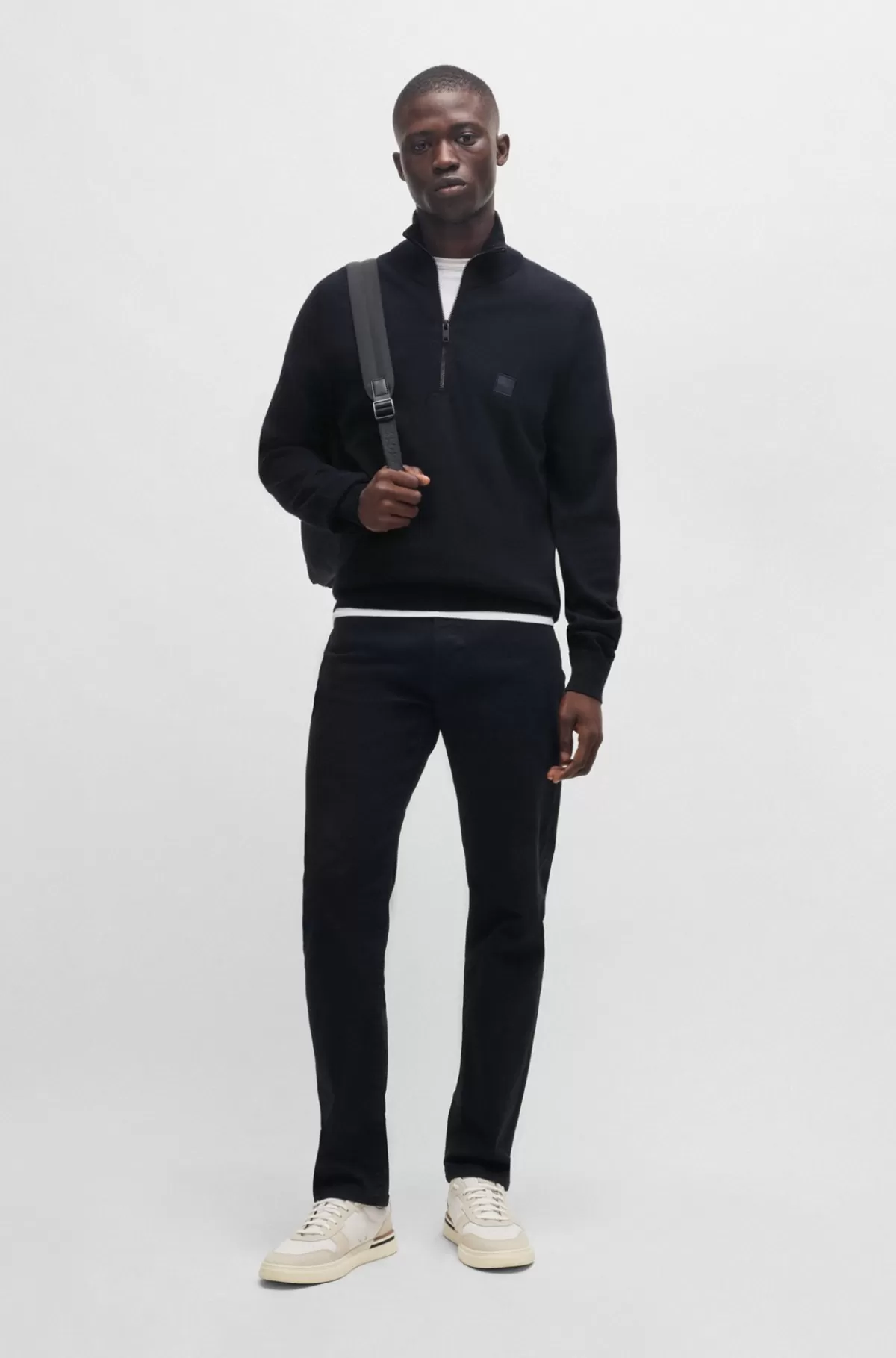 HUGO BOSS Sweater Med Lynlås I Halsen Og Logomærkat I Bomuld Og Kashmir Mørkeblå Online