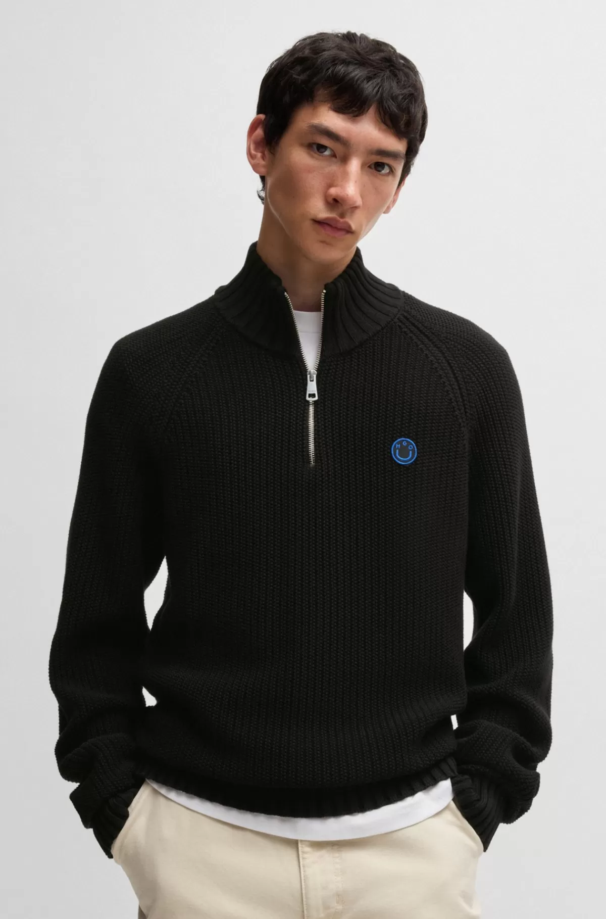 HUGO BOSS Sweater Med Lynlås I Halsen Og Relaxed Fit I Bomuld I Rib Sort New