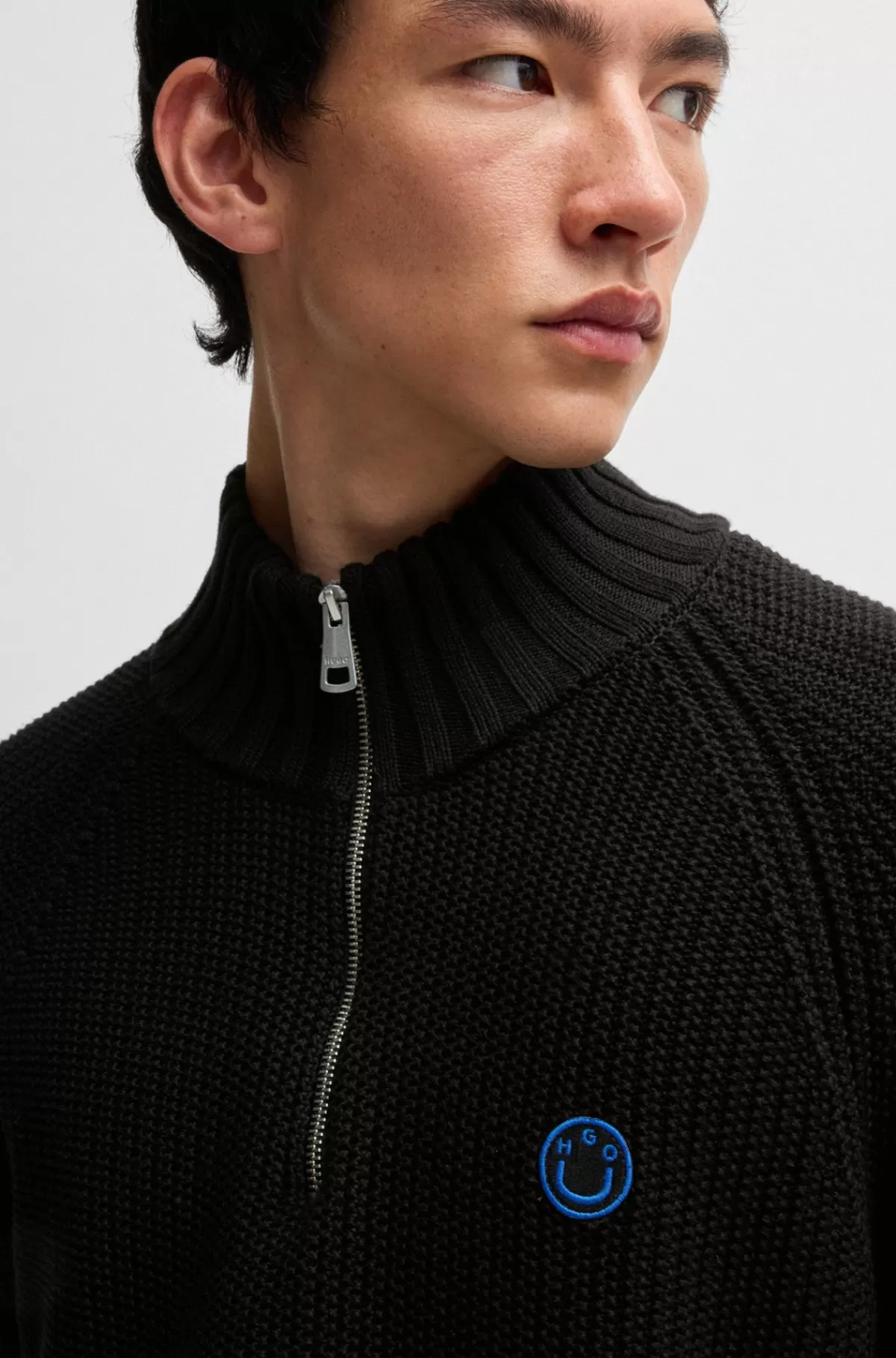 HUGO BOSS Sweater Med Lynlås I Halsen Og Relaxed Fit I Bomuld I Rib Sort New