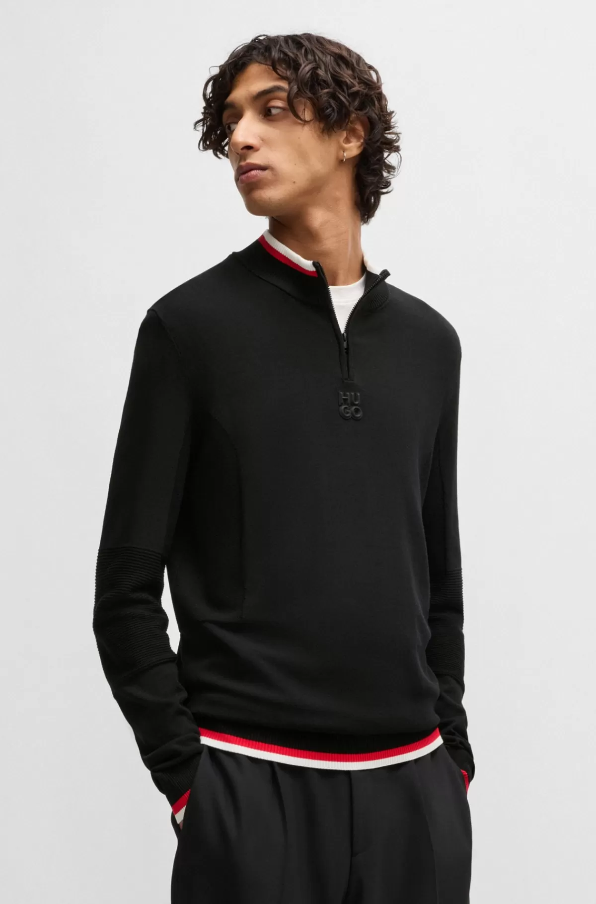 HUGO BOSS Sweater Med Lynlåshals Med Kontrastfarvede Kanter Sort Cheap