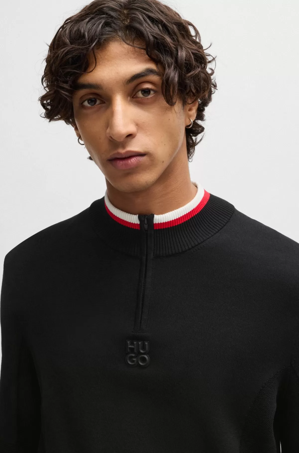 HUGO BOSS Sweater Med Lynlåshals Med Kontrastfarvede Kanter Sort Cheap