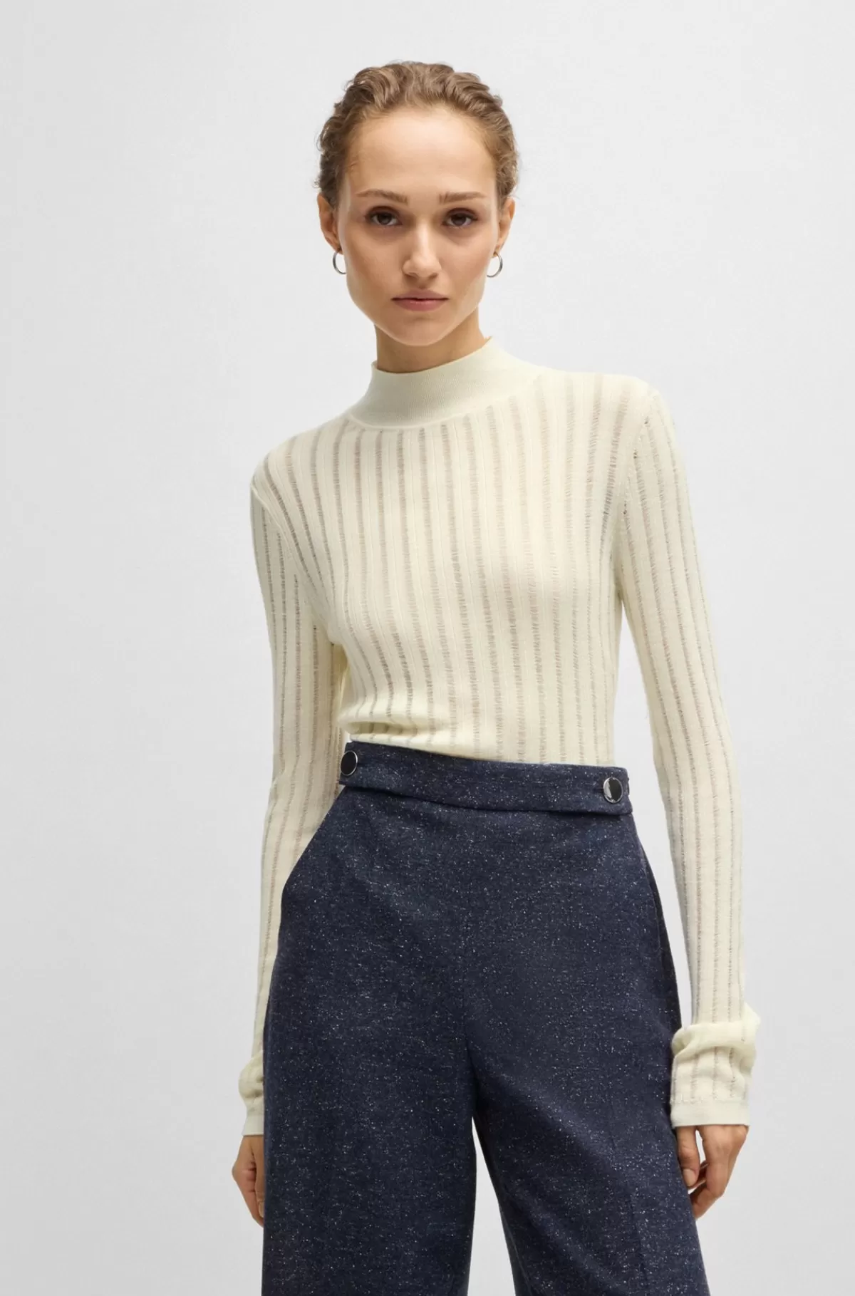 HUGO BOSS Sweater Med Ny Uld Og Strukturstriber Hvid Clearance