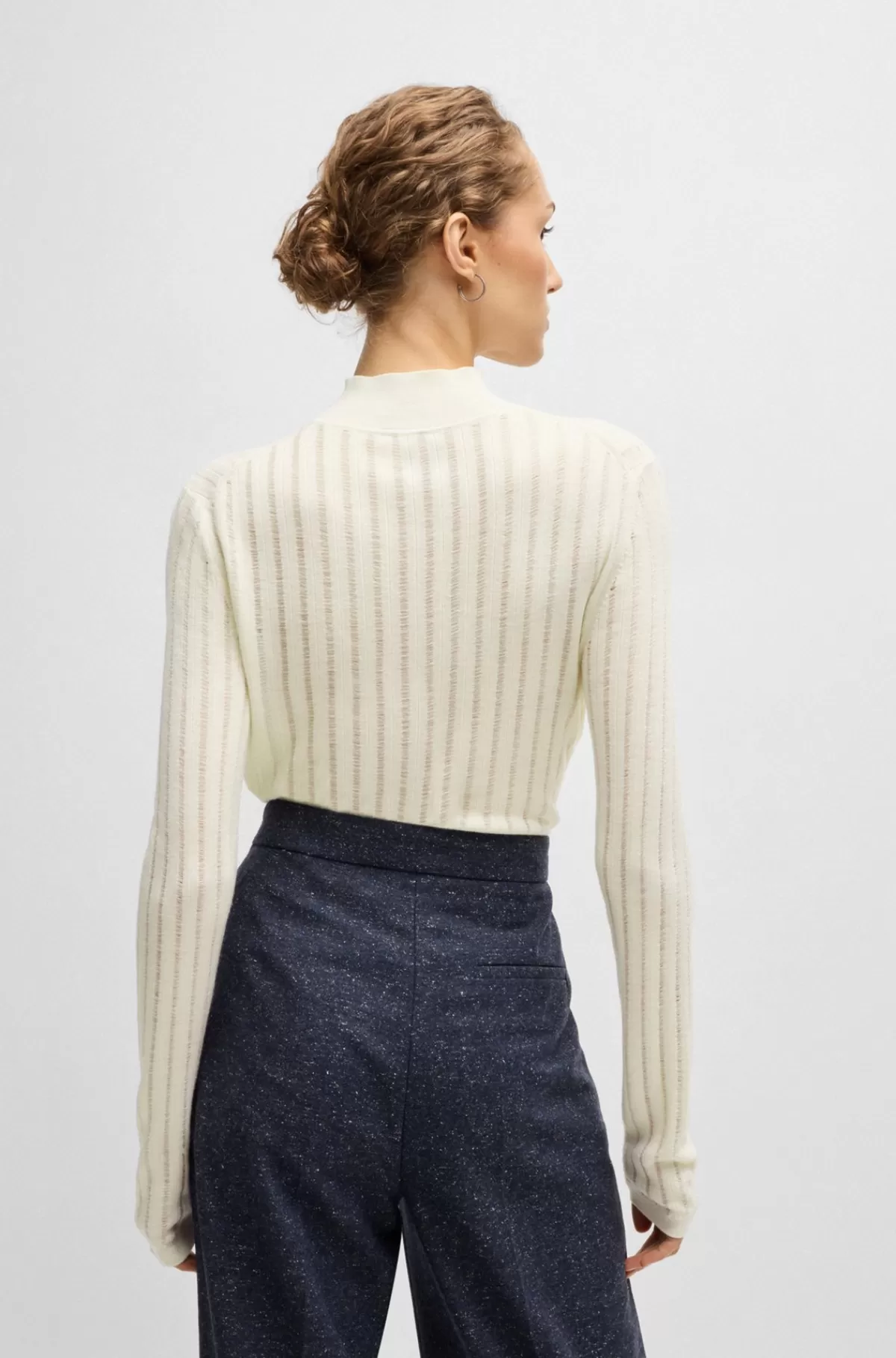HUGO BOSS Sweater Med Ny Uld Og Strukturstriber Hvid Clearance
