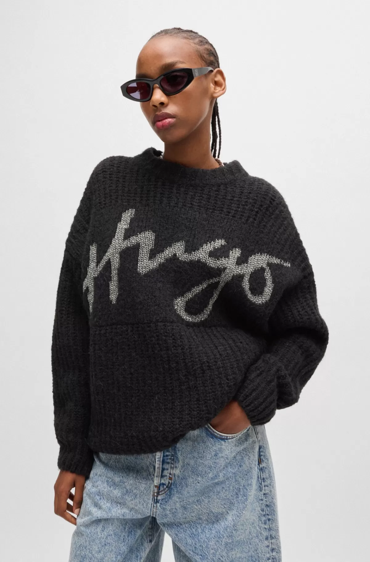 HUGO BOSS Sweater Med Oversize Fit Og Glitrende Håndskrevet Logo Sort Discount