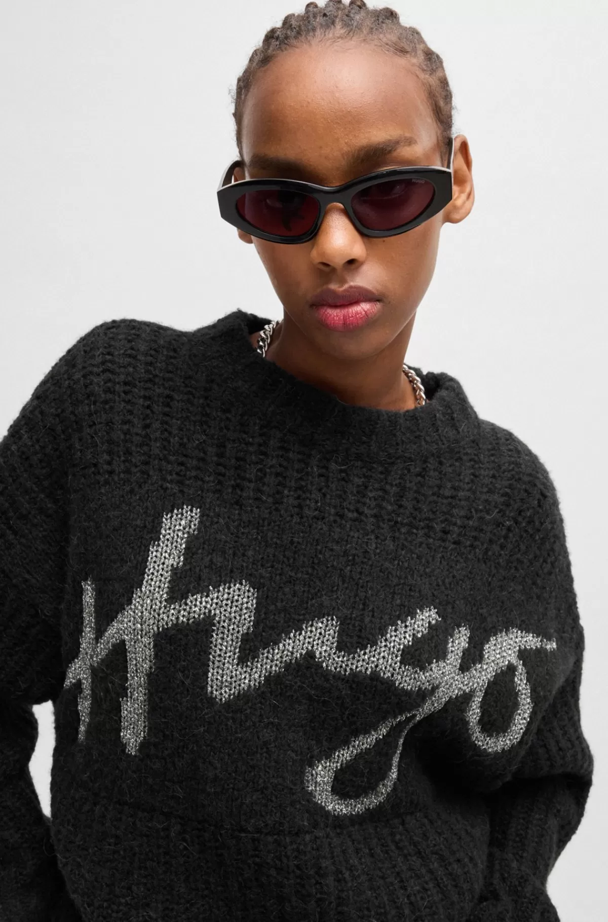 HUGO BOSS Sweater Med Oversize Fit Og Glitrende Håndskrevet Logo Sort Discount