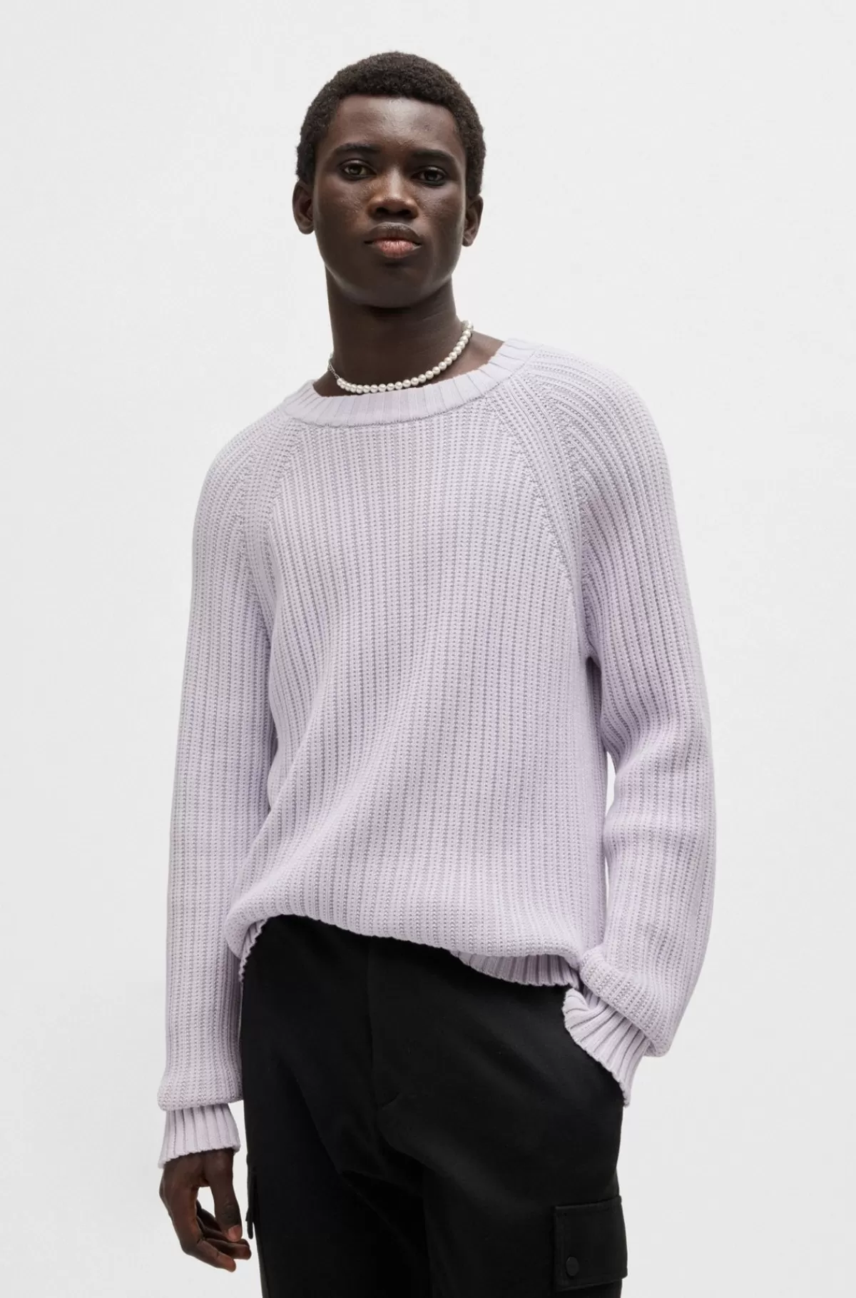 HUGO BOSS Sweater Med Regular Fit I Bomuld Med Ribstrikket Struktur Lyslilla Best