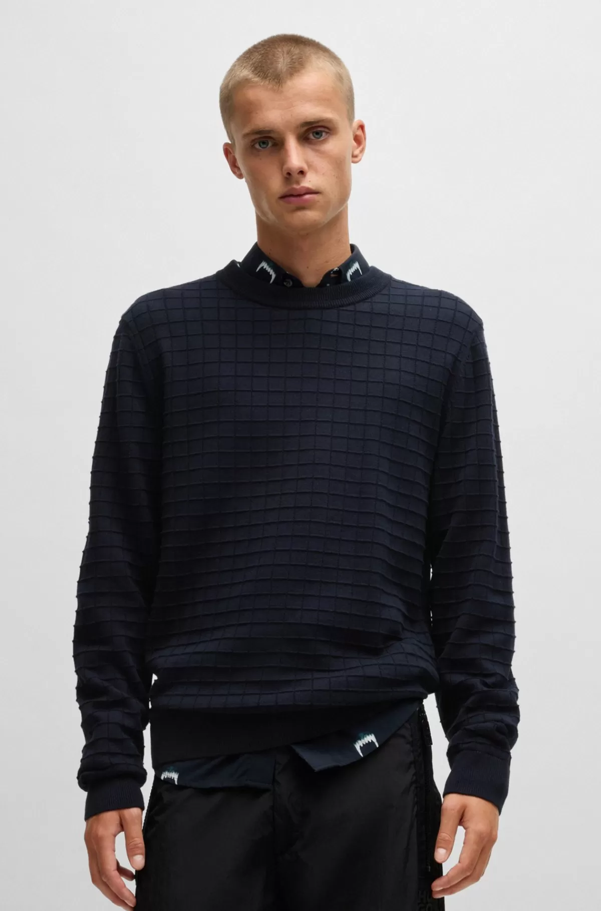 HUGO BOSS Sweater Med Regular Fit I Bomuld Og Gittermønster Mørkeblå Online