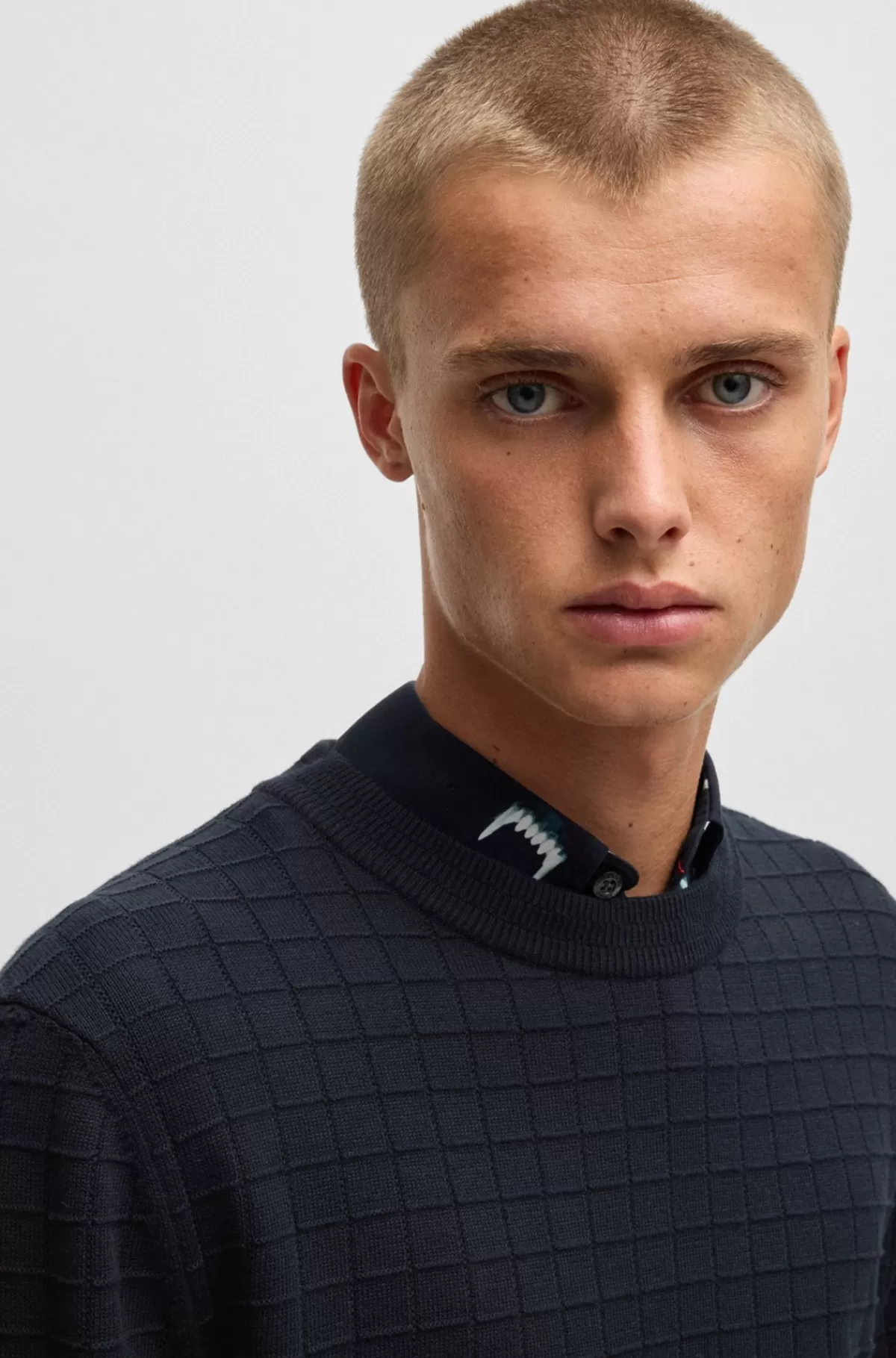 HUGO BOSS Sweater Med Regular Fit I Bomuld Og Gittermønster Mørkeblå Online