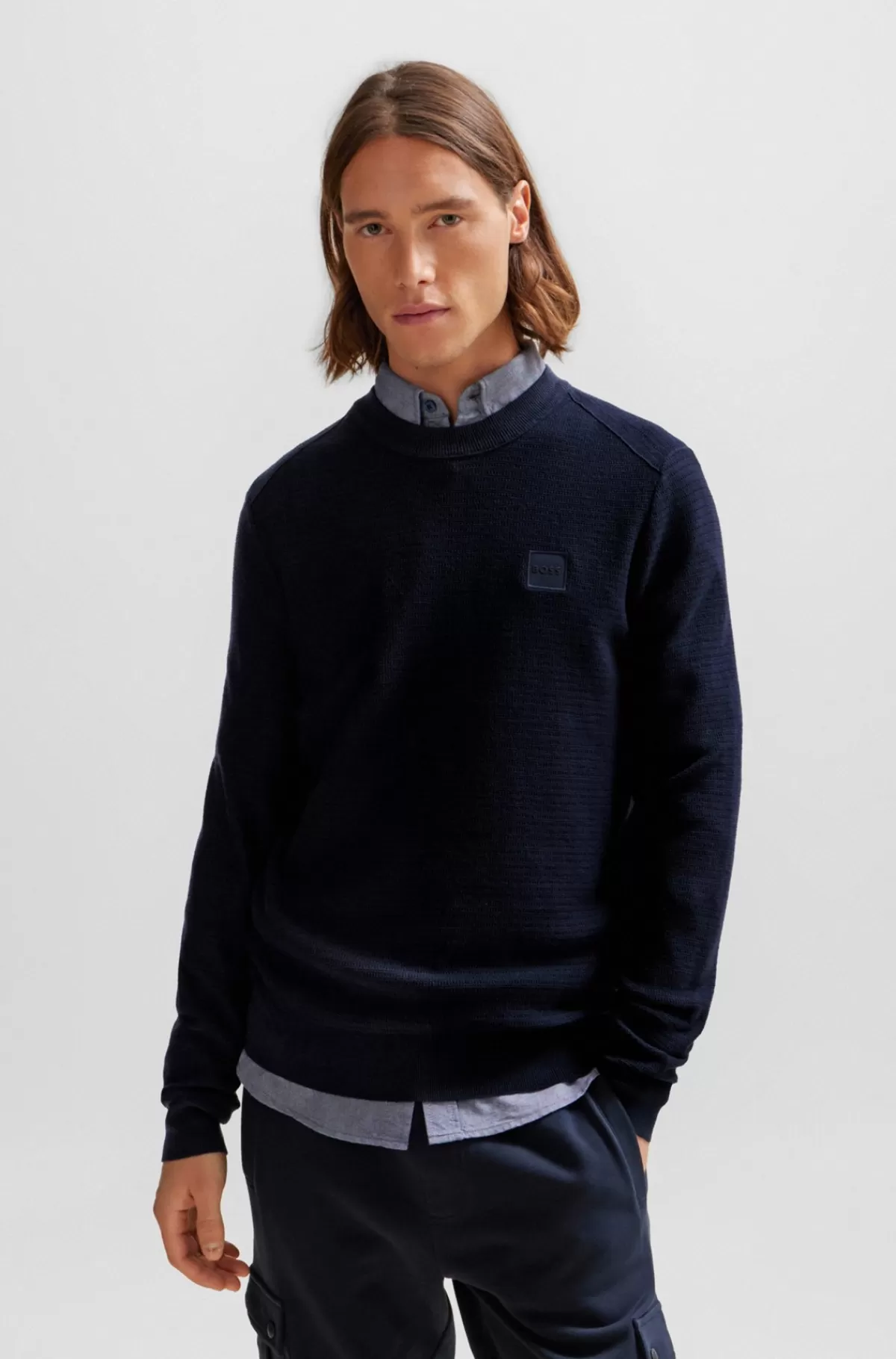 HUGO BOSS Sweater Med Regular Fit I Bomuldskashmir Og Med Logomærke Mørkeblå Sale
