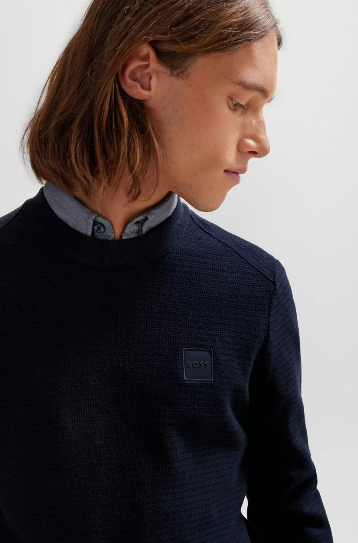 HUGO BOSS Sweater Med Regular Fit I Bomuldskashmir Og Med Logomærke Mørkeblå Sale