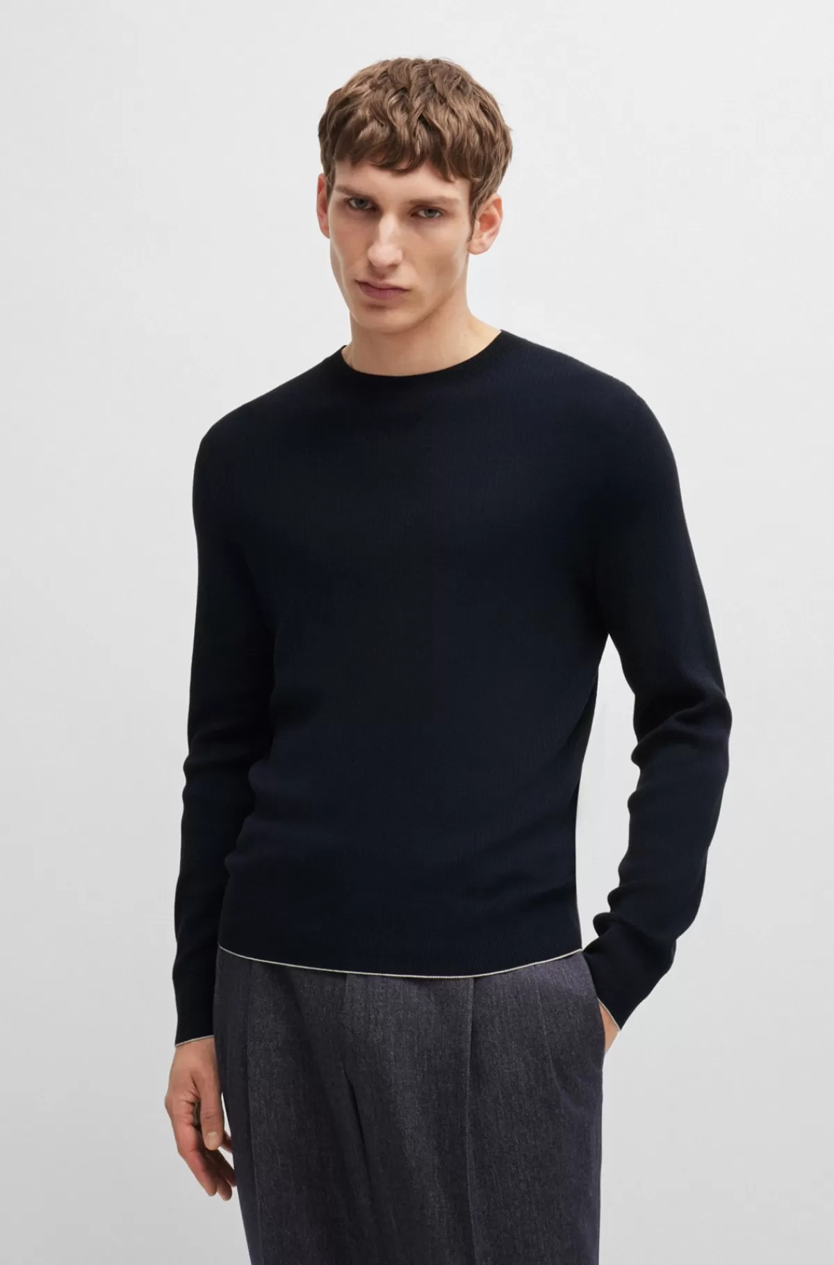 HUGO BOSS Sweater Med Regular Fit I Silke Og Bomuld Mørkeblå Outlet
