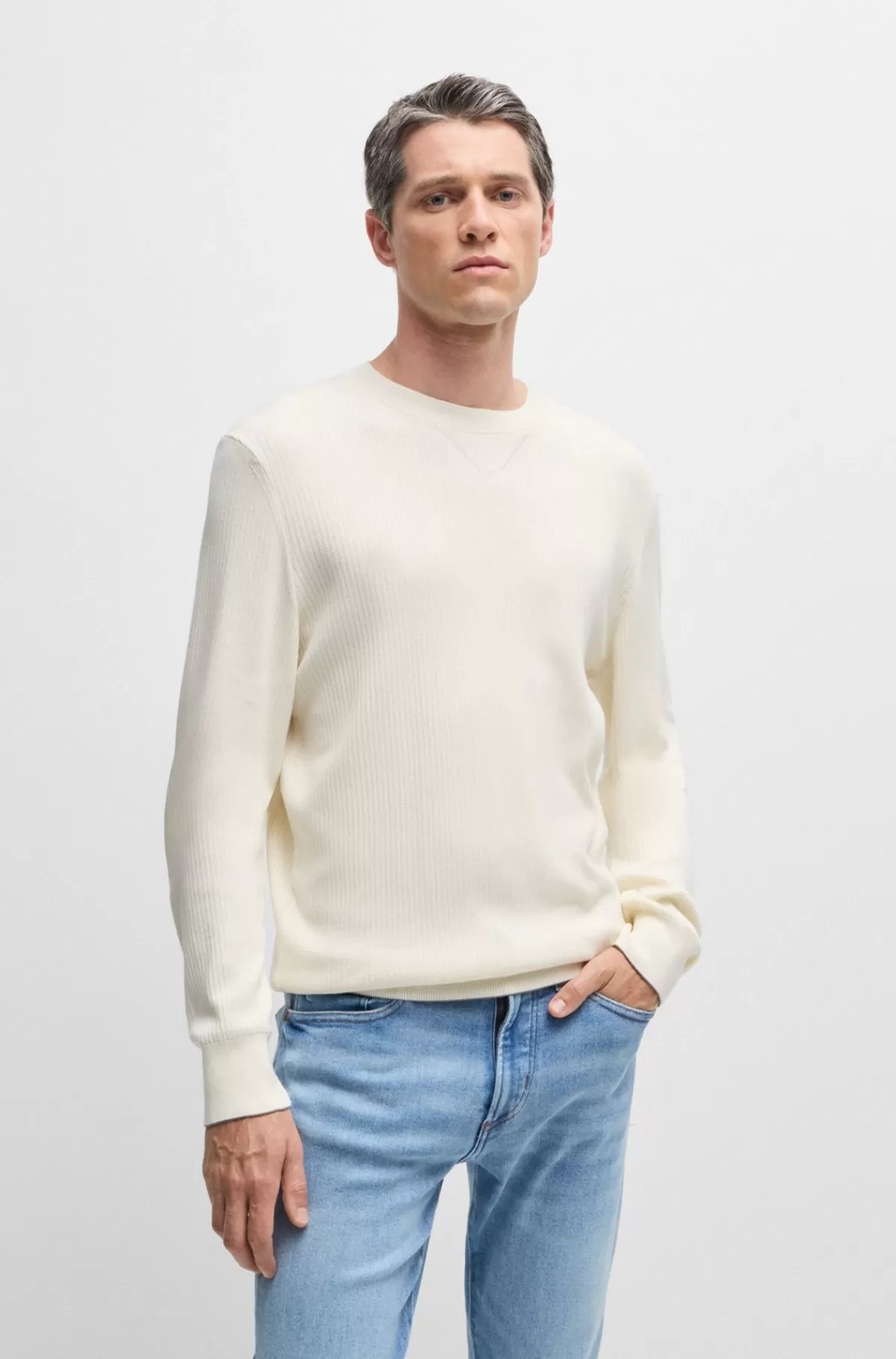 HUGO BOSS Sweater Med Regular Fit I Silke Og Bomuld Hvid New
