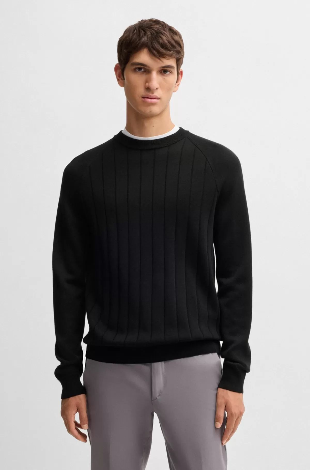 HUGO BOSS Sweater Med Regular Fit I Uldblanding Med Strikkede Striber Sort Discount