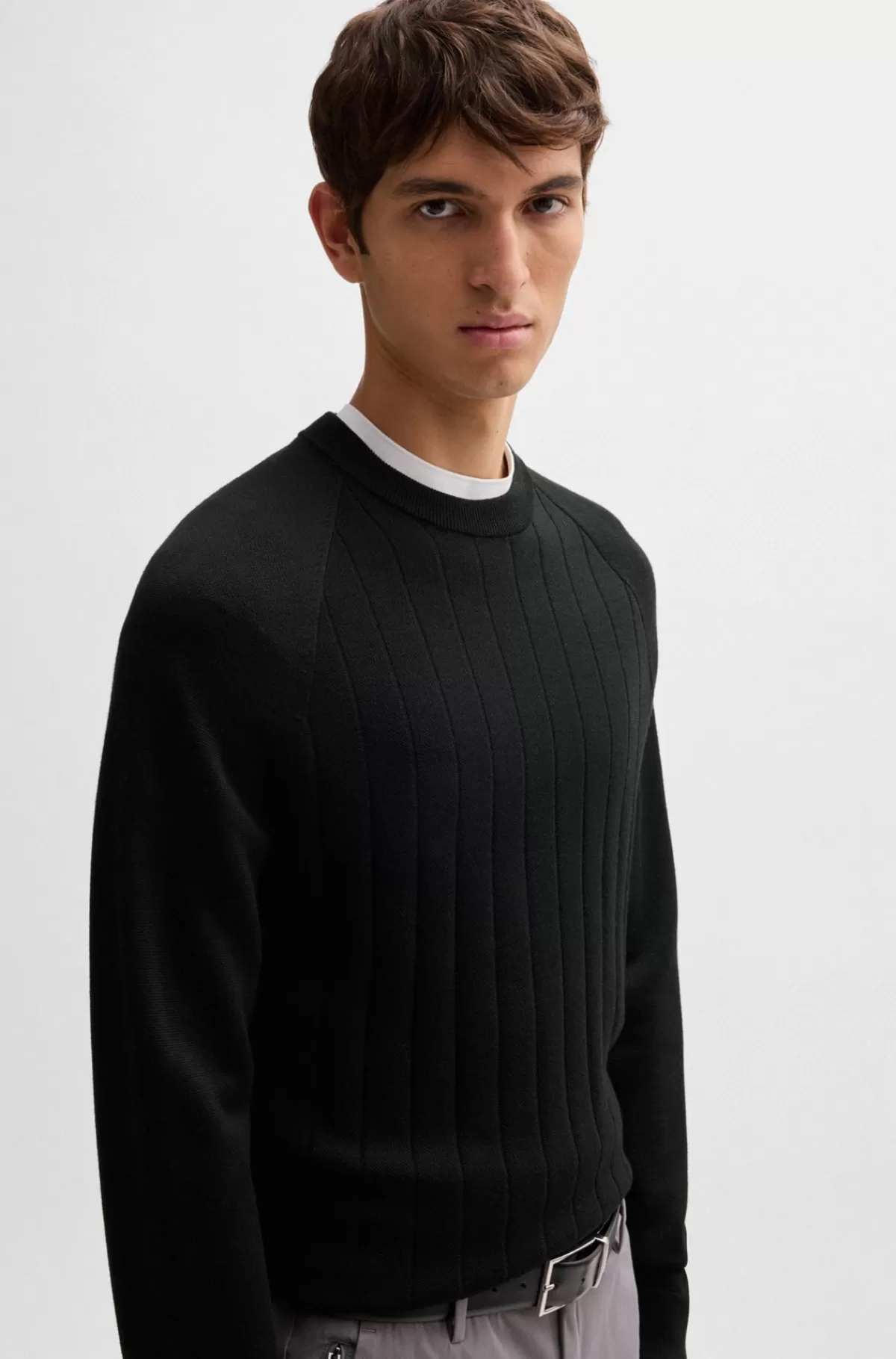 HUGO BOSS Sweater Med Regular Fit I Uldblanding Med Strikkede Striber Sort Discount