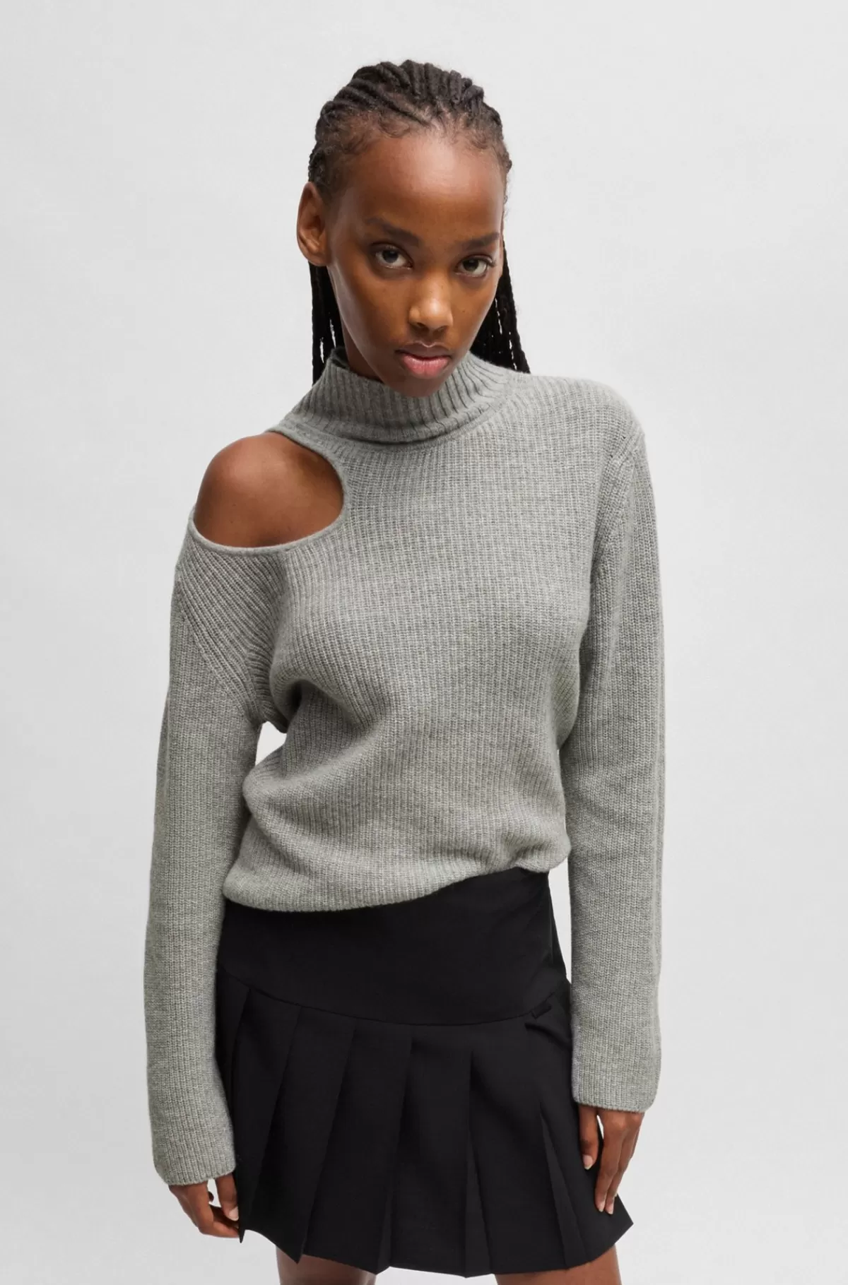 HUGO BOSS Sweater Med Relaxed Fit, Høj Hals Og Udskåret Detalje Grå Shop