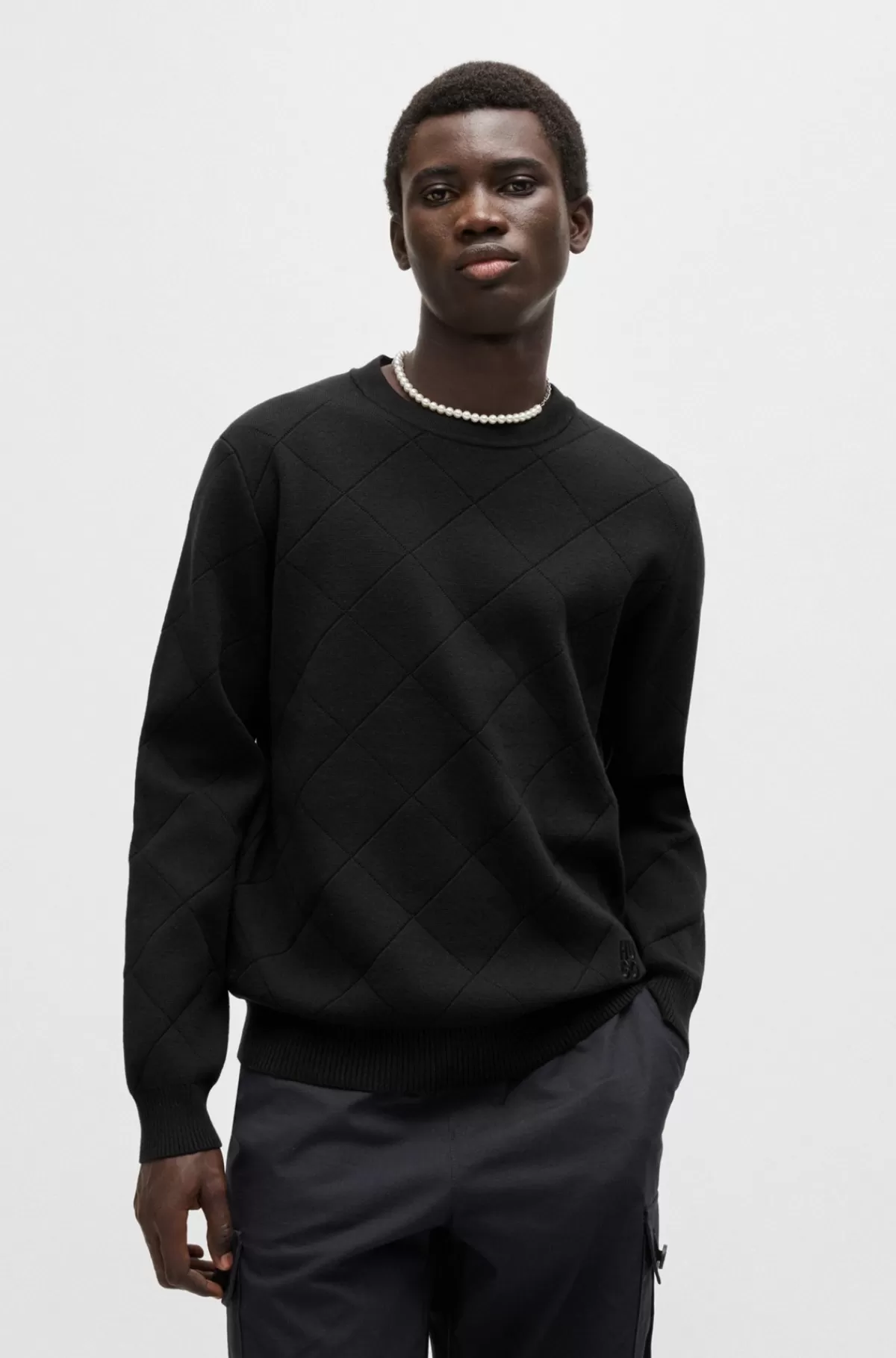 HUGO BOSS Sweater Med Relaxed Fit I Bomuld Med Firkantet Mønster Sort Sale