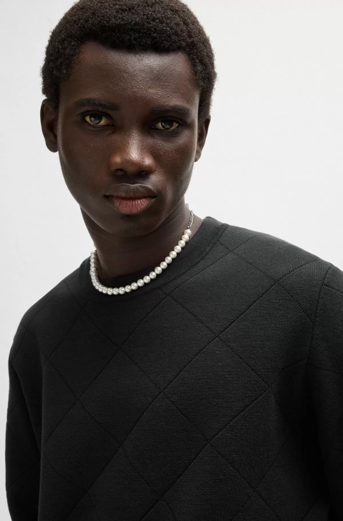 HUGO BOSS Sweater Med Relaxed Fit I Bomuld Med Firkantet Mønster Sort Sale