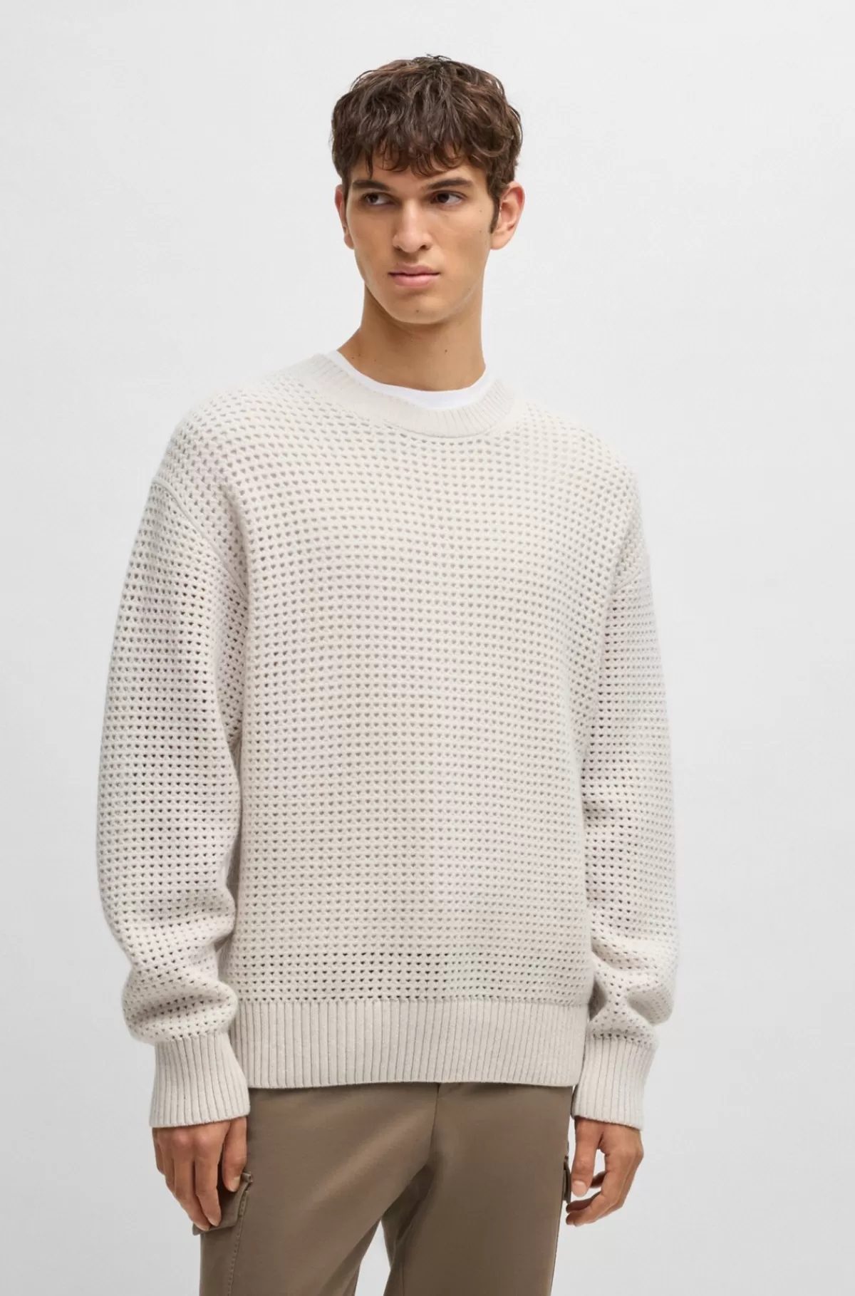 HUGO BOSS Sweater Med Relaxed Fit I Ny Uld Og Kashmir Med Struktur Hvid Sale