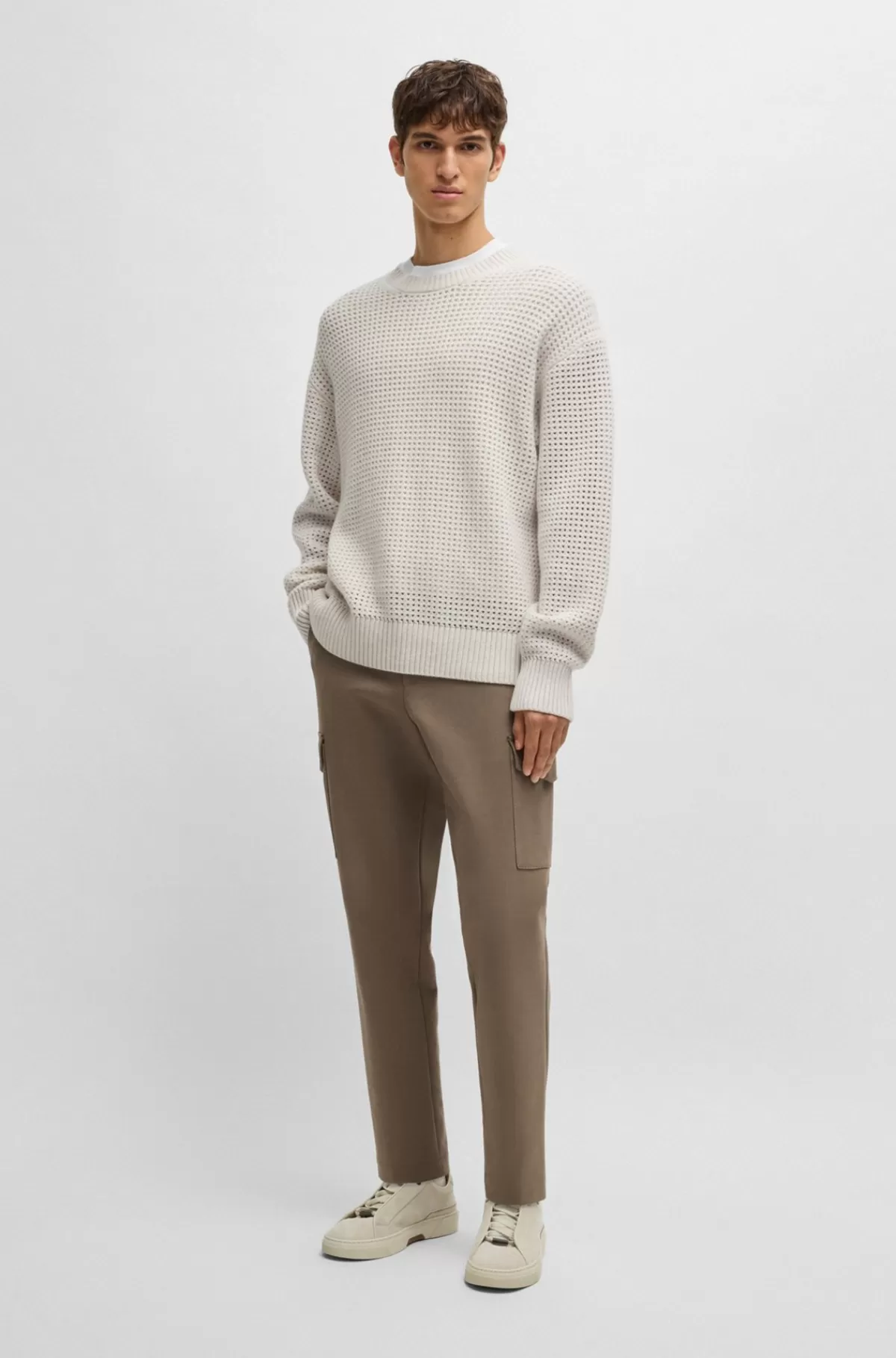 HUGO BOSS Sweater Med Relaxed Fit I Ny Uld Og Kashmir Med Struktur Hvid Sale