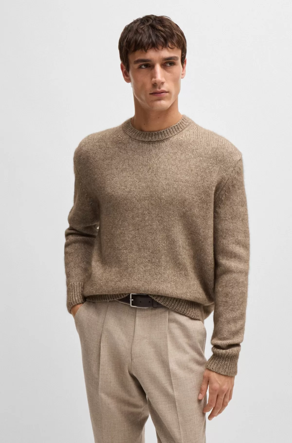 HUGO BOSS Sweater Med Relaxed Fit I Uld, Silke Og Bisonuld Beige Cheap