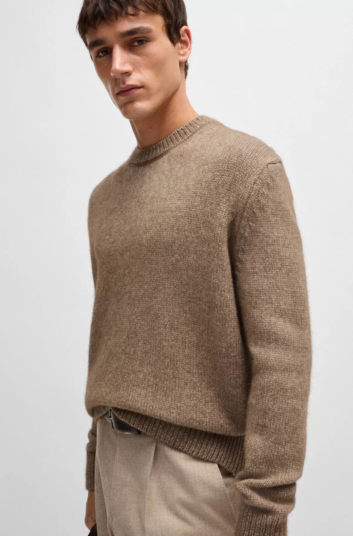 HUGO BOSS Sweater Med Relaxed Fit I Uld, Silke Og Bisonuld Beige Cheap