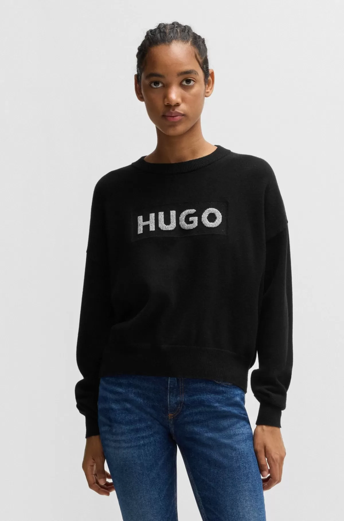 HUGO BOSS Sweater Med Relaxed Fit Og Crew Neck Samt Glitterlogo Sort New