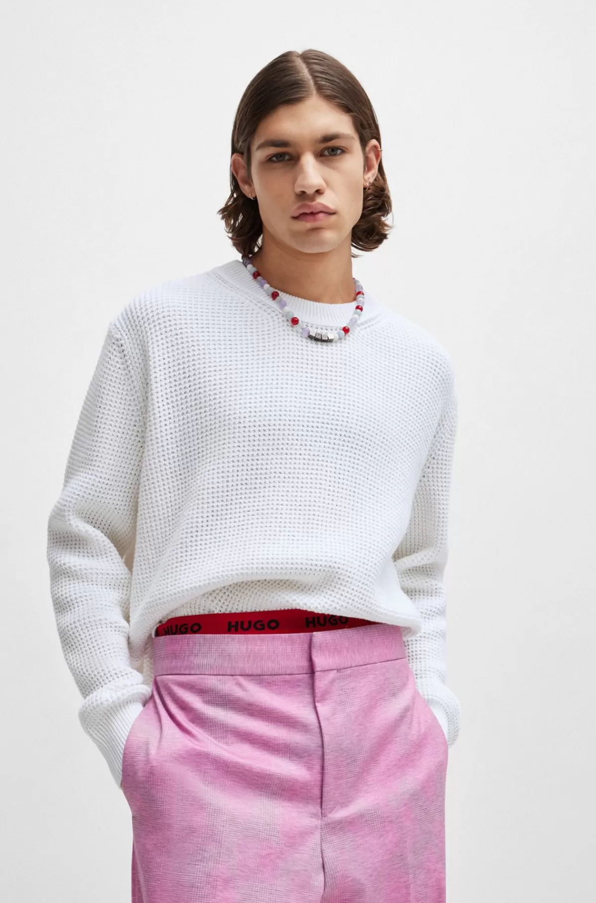 HUGO BOSS Sweater Med Relaxed Fit Og Strikket Struktur Samt Crew Neck Hvid Outlet