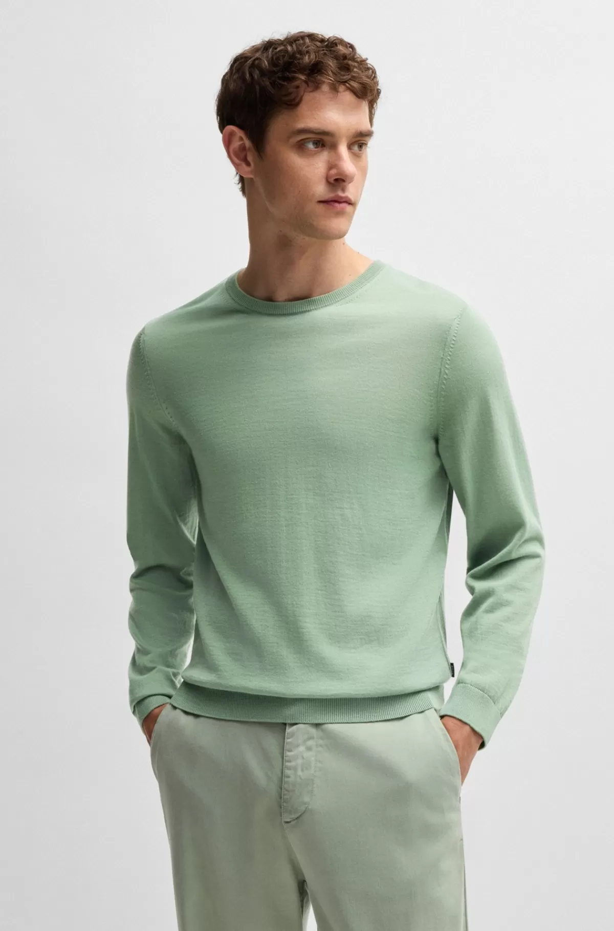 HUGO BOSS Sweater Med Slim Fit Og Crew Neck I Ny Uld Lysegrøn Flash Sale