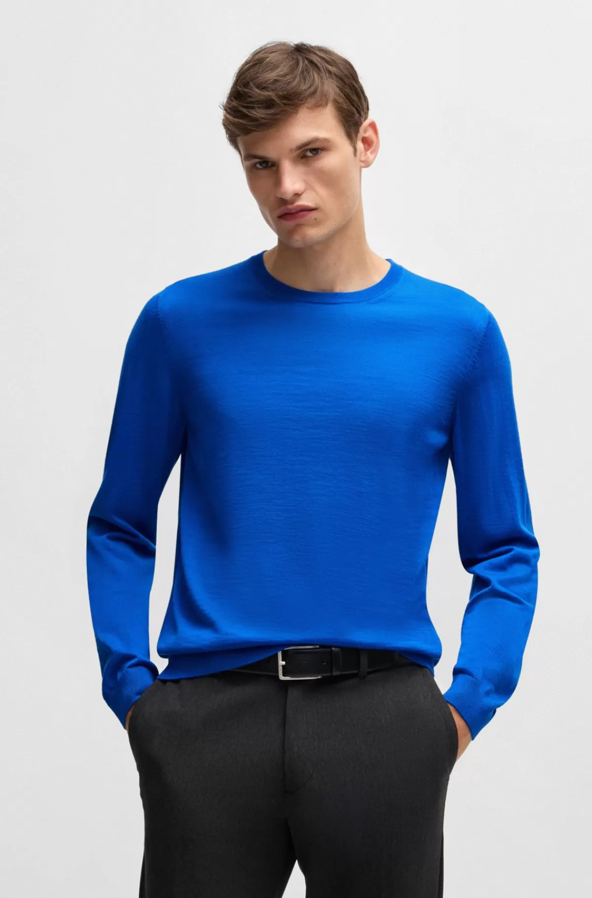 HUGO BOSS Sweater Med Slim Fit Og Crew Neck I Ny Uld Blå Shop