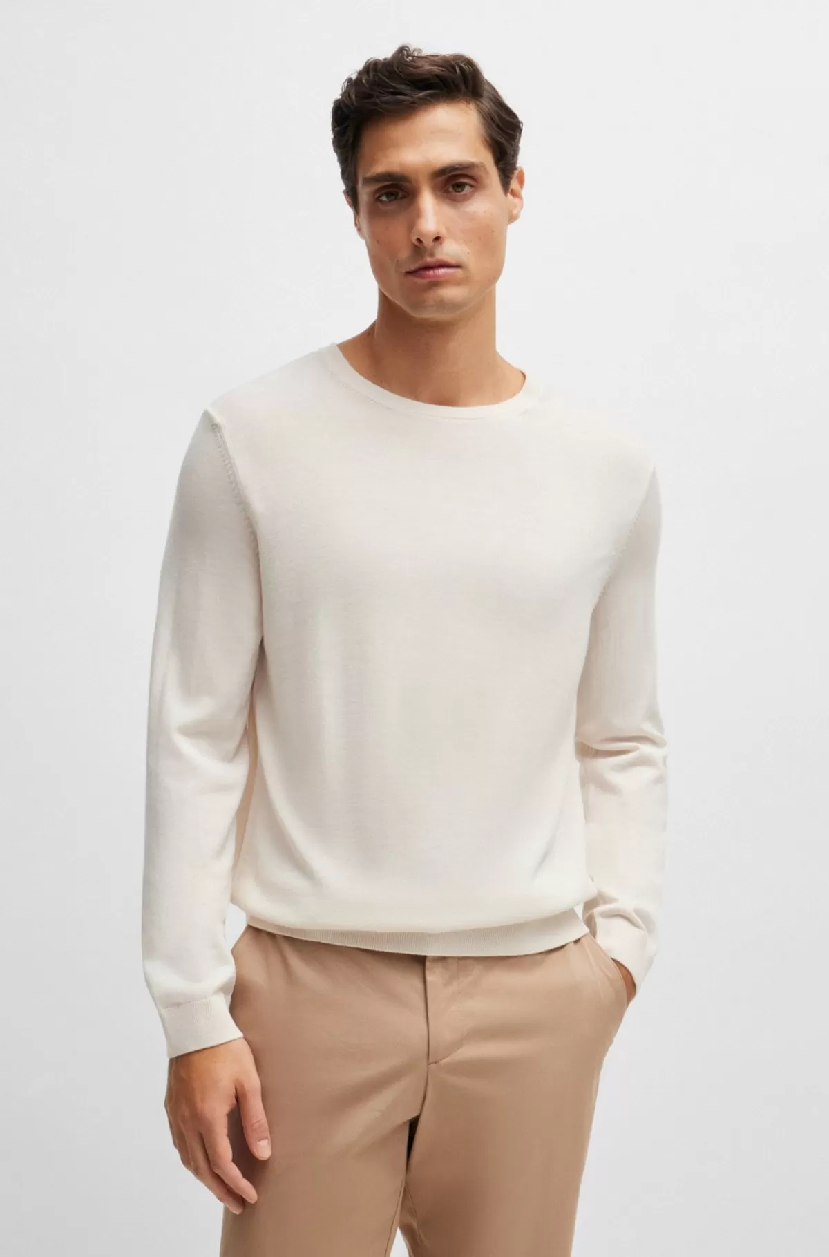 HUGO BOSS Sweater Med Slim Fit Og Crew Neck I Ny Uld Hvid Clearance