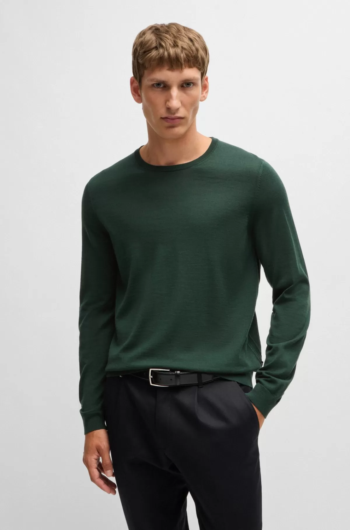 HUGO BOSS Sweater Med Slim Fit Og Crew Neck I Ny Uld Mørkegrøn Cheap