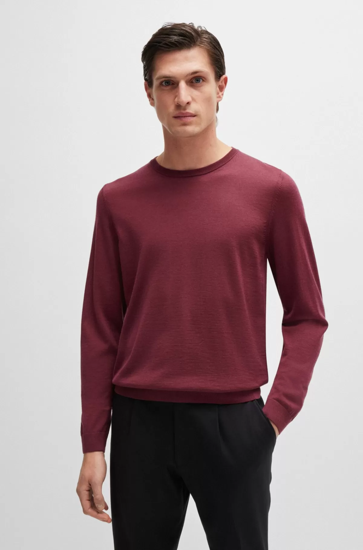 HUGO BOSS Sweater Med Slim Fit Og Crew Neck I Ny Uld Mørkerød Flash Sale