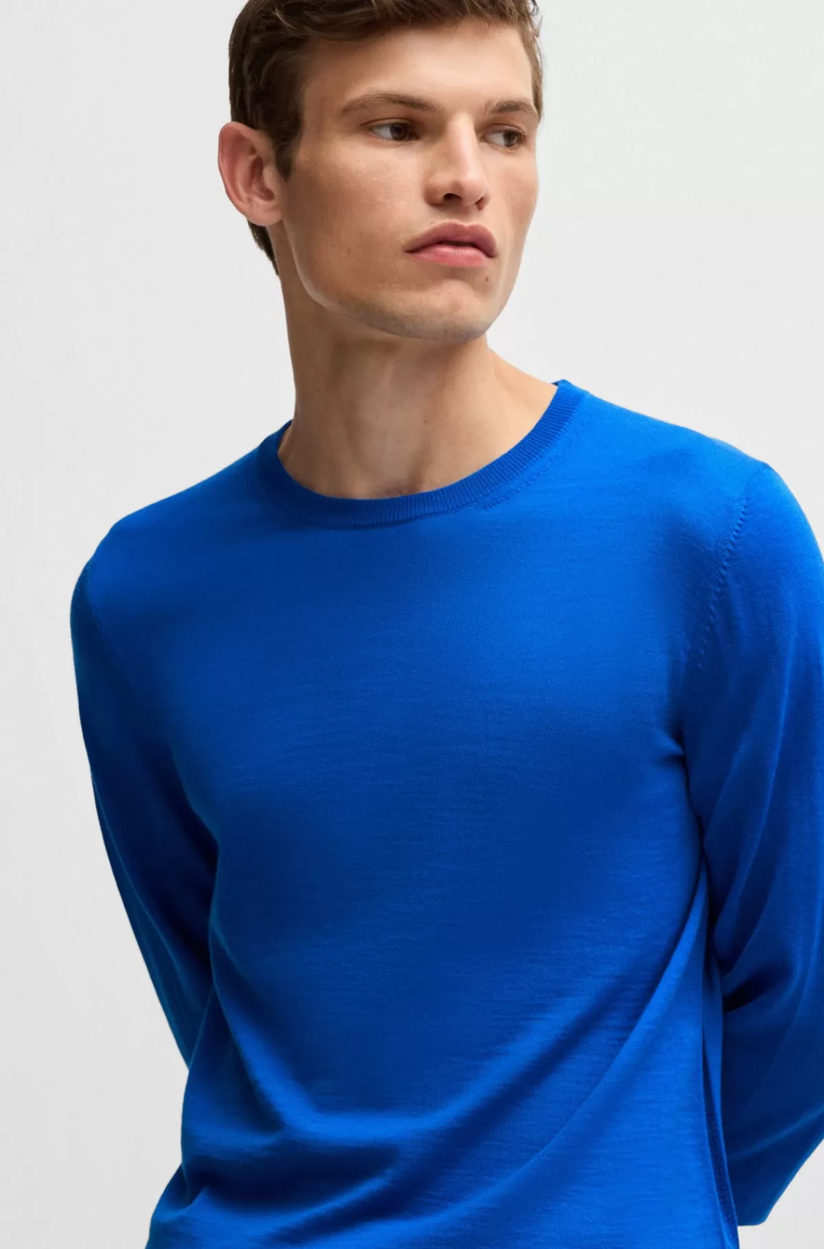 HUGO BOSS Sweater Med Slim Fit Og Crew Neck I Ny Uld Blå Shop