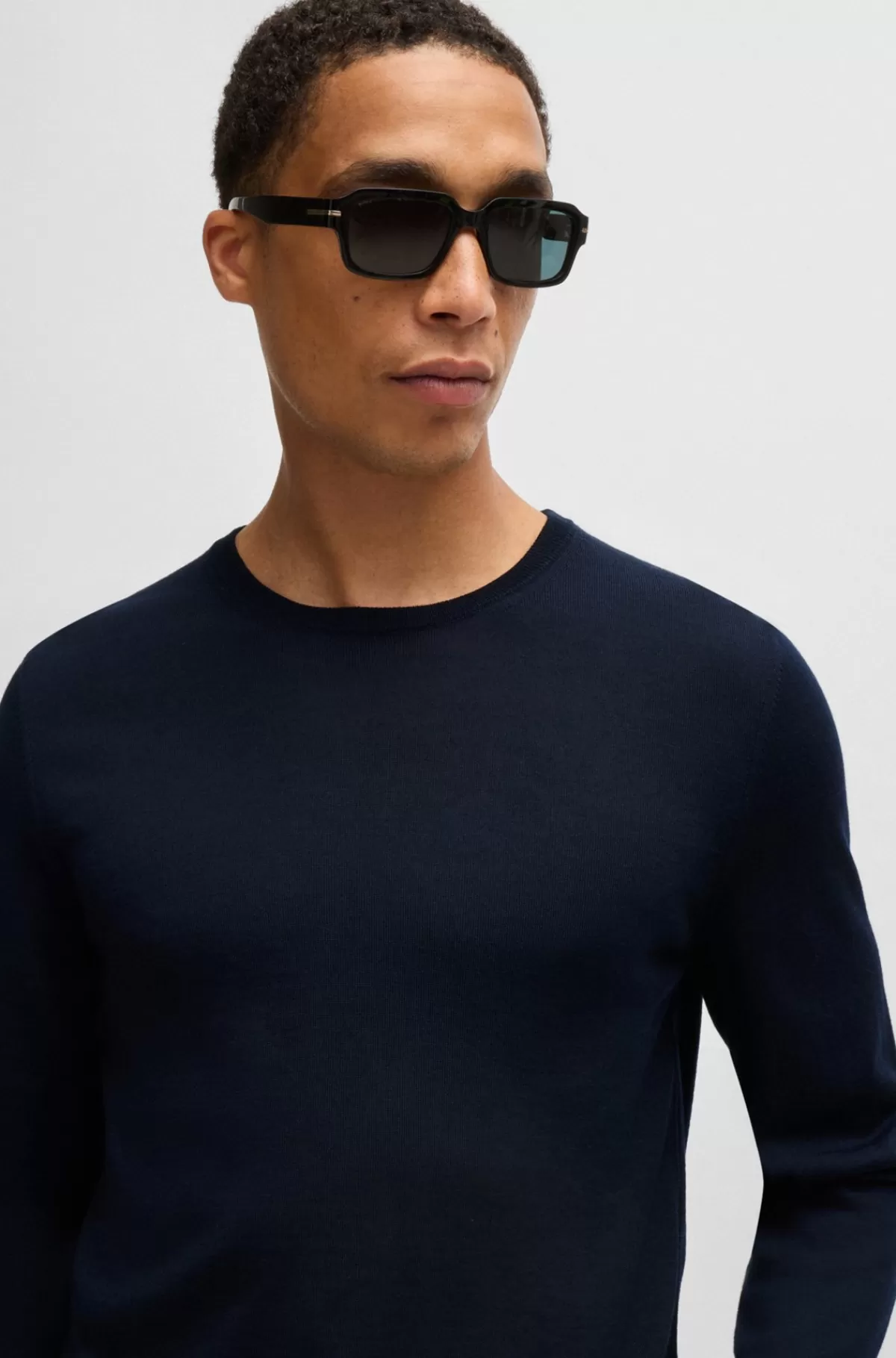HUGO BOSS Sweater Med Slim Fit Og Crew Neck I Ny Uld Mørkeblå Fashion