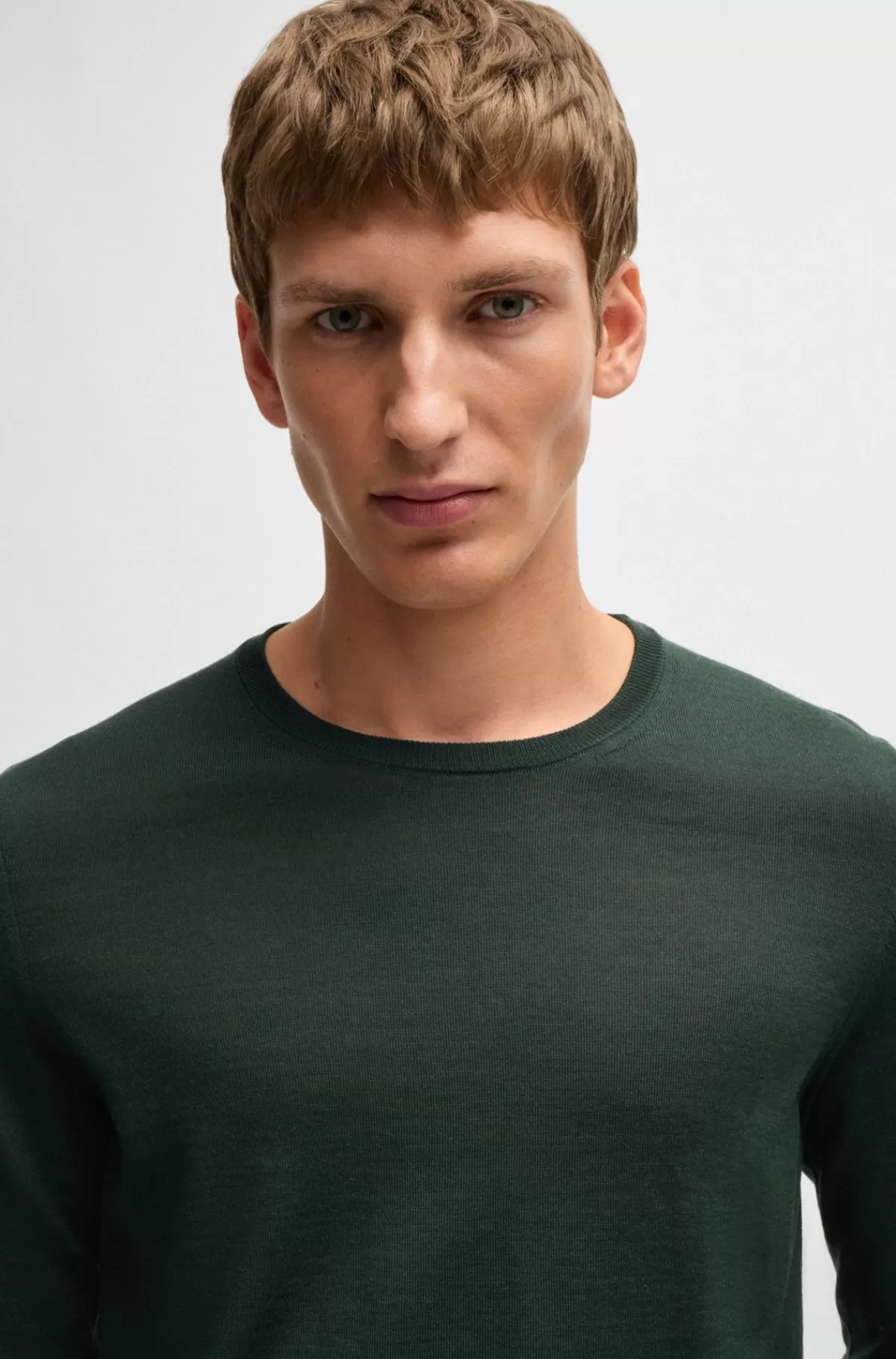 HUGO BOSS Sweater Med Slim Fit Og Crew Neck I Ny Uld Mørkegrøn Cheap