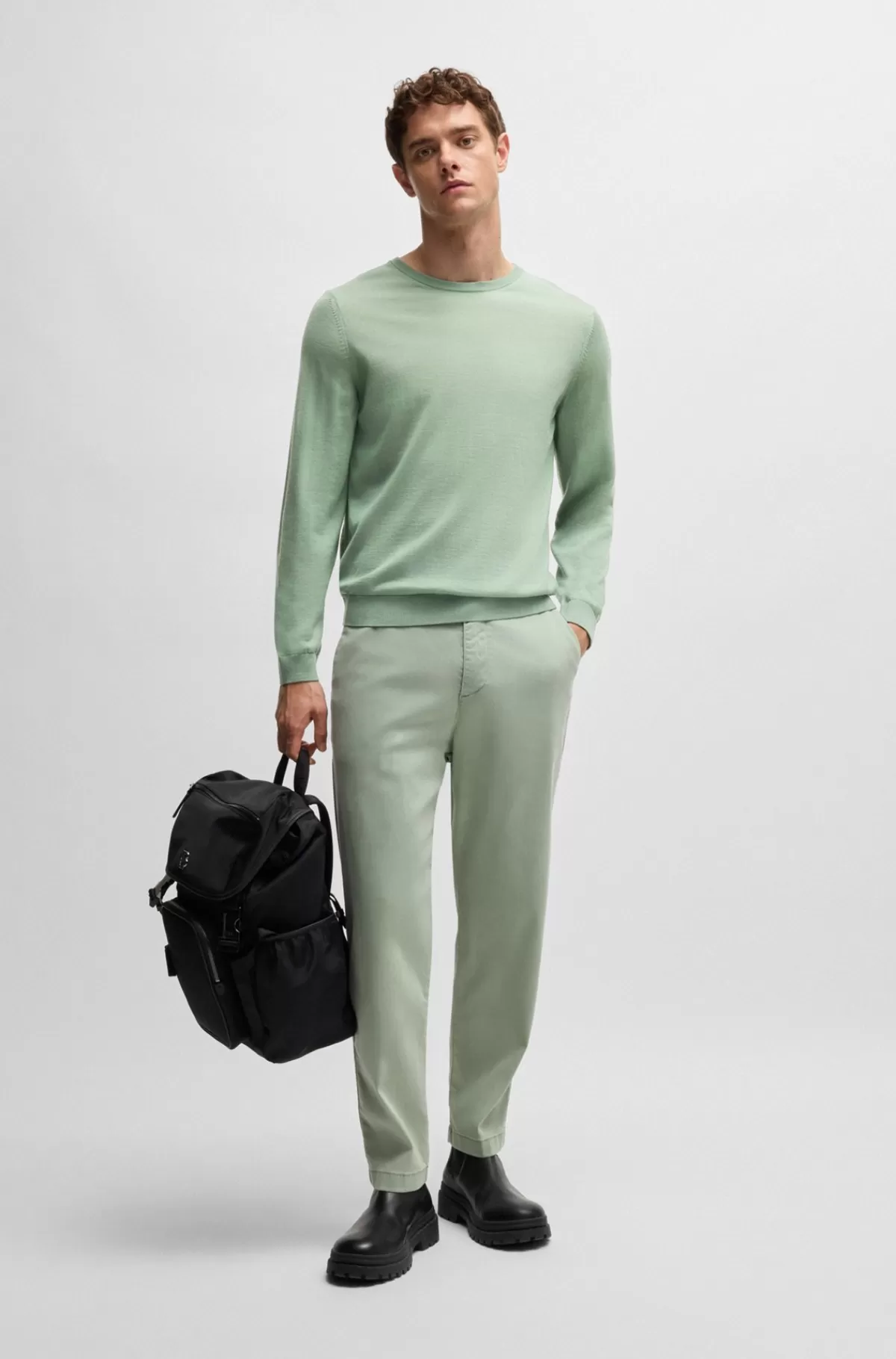 HUGO BOSS Sweater Med Slim Fit Og Crew Neck I Ny Uld Lysegrøn Flash Sale