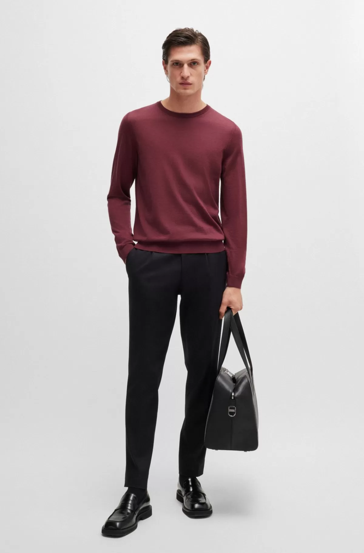 HUGO BOSS Sweater Med Slim Fit Og Crew Neck I Ny Uld Mørkerød Flash Sale