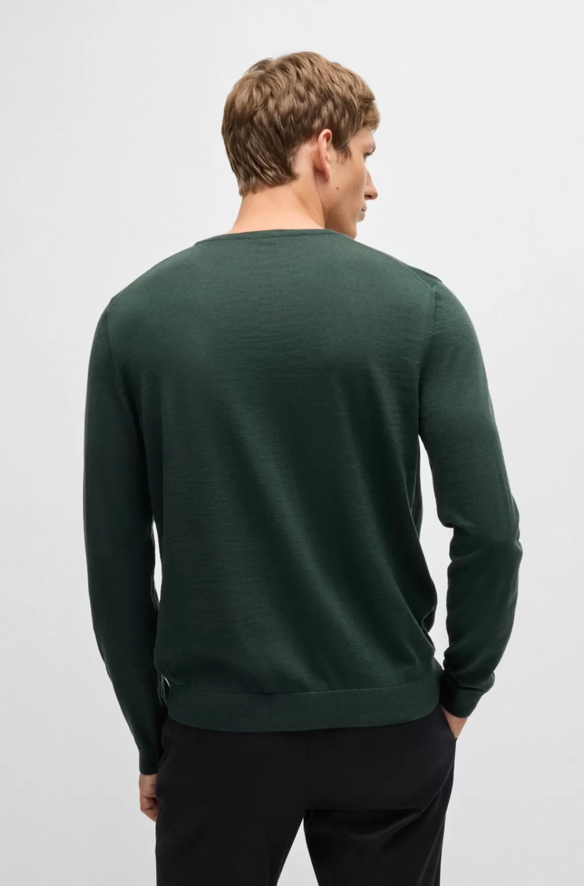 HUGO BOSS Sweater Med Slim Fit Og Crew Neck I Ny Uld Mørkegrøn Cheap