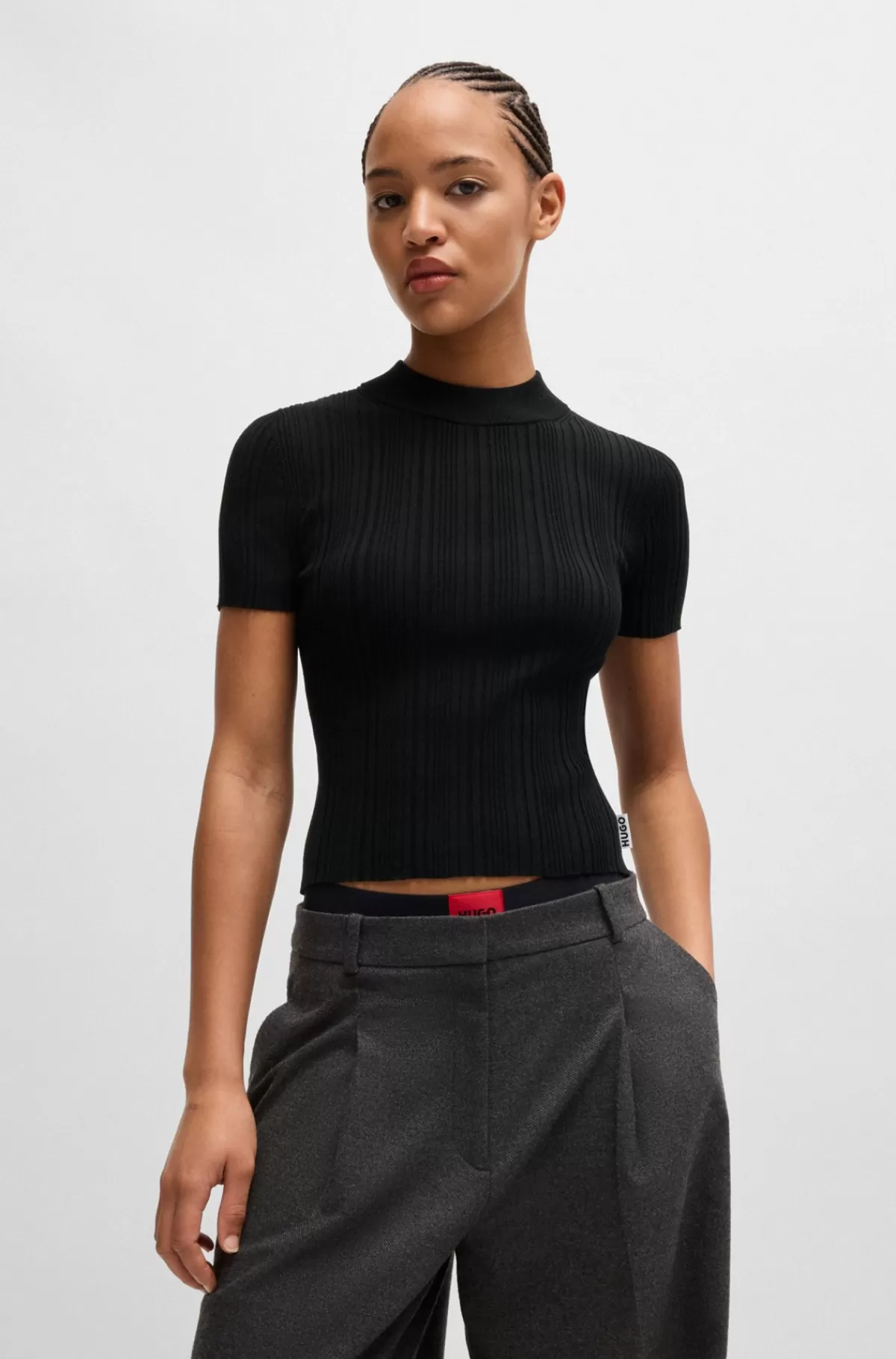 HUGO BOSS Sweater Med Uregelmæssig Ribstrikket Struktur Og Høj Hals Sort Sale
