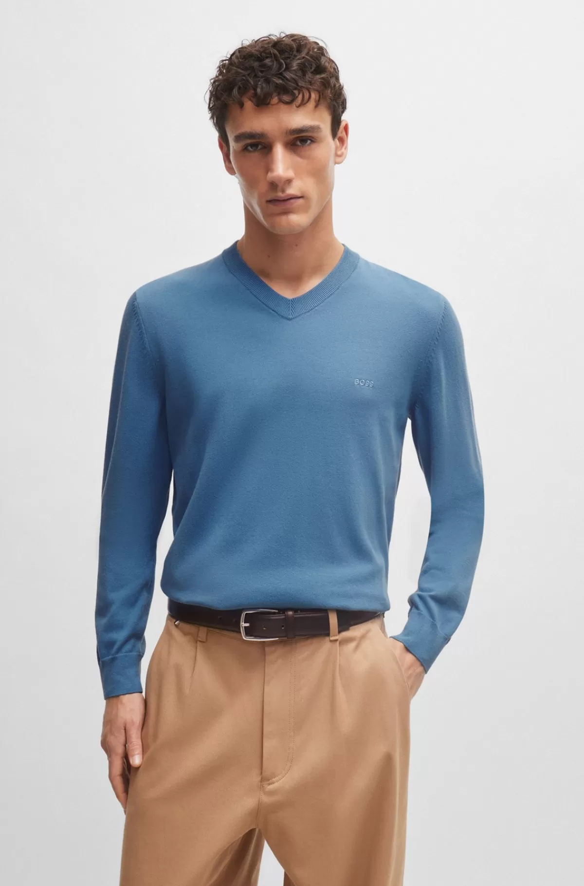 HUGO BOSS Sweater Med V-hals I Bomuld Med Broderet Logo Blå Clearance