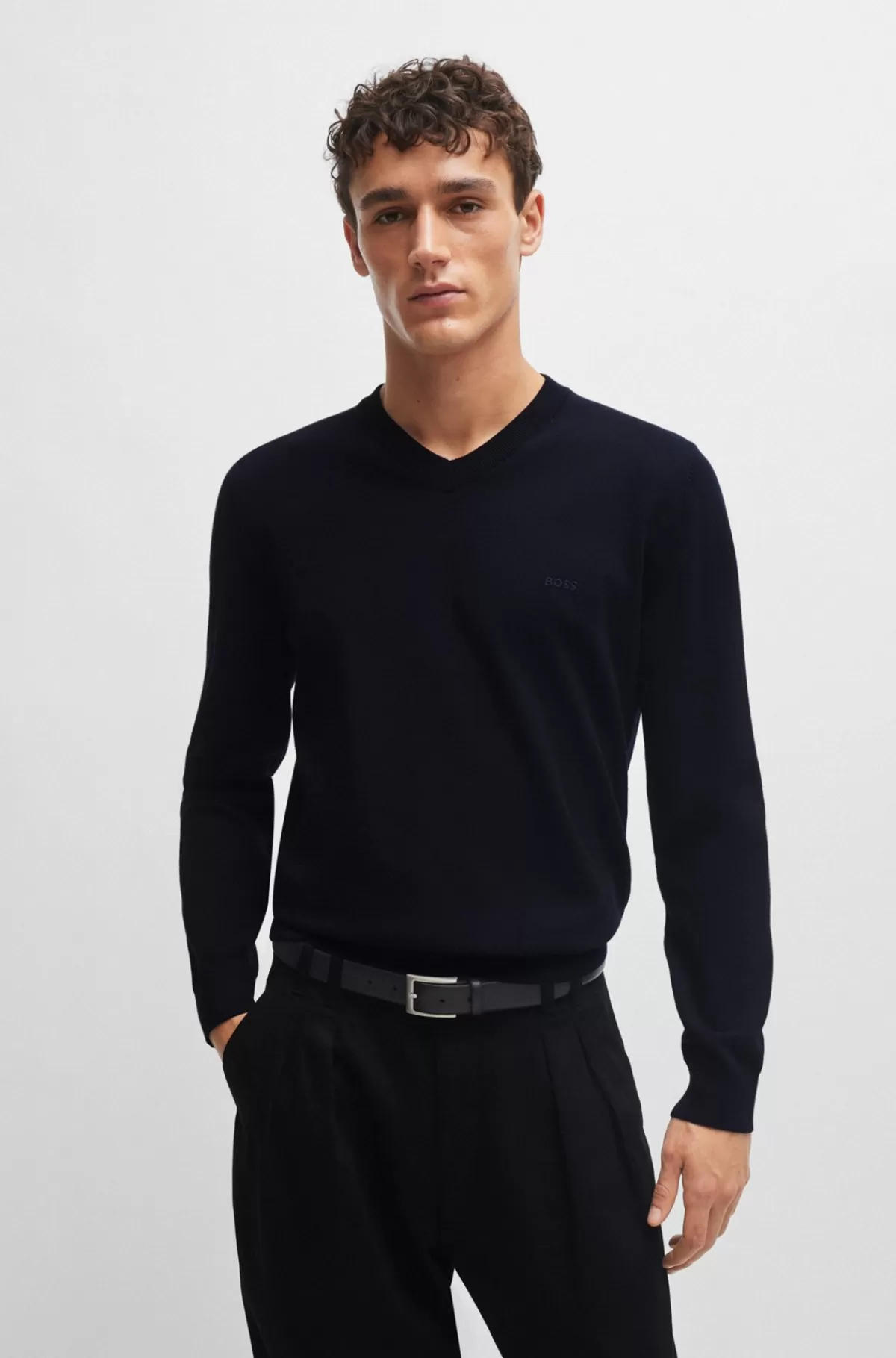 HUGO BOSS Sweater Med V-hals I Bomuld Med Broderet Logo Mørkeblå Cheap