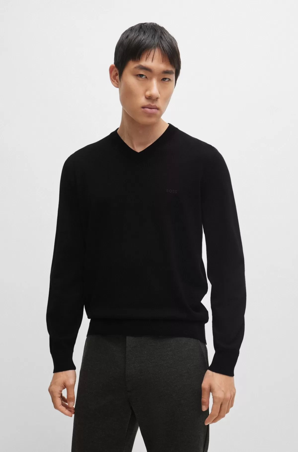 HUGO BOSS Sweater Med V-hals I Bomuld Med Broderet Logo Sort Discount