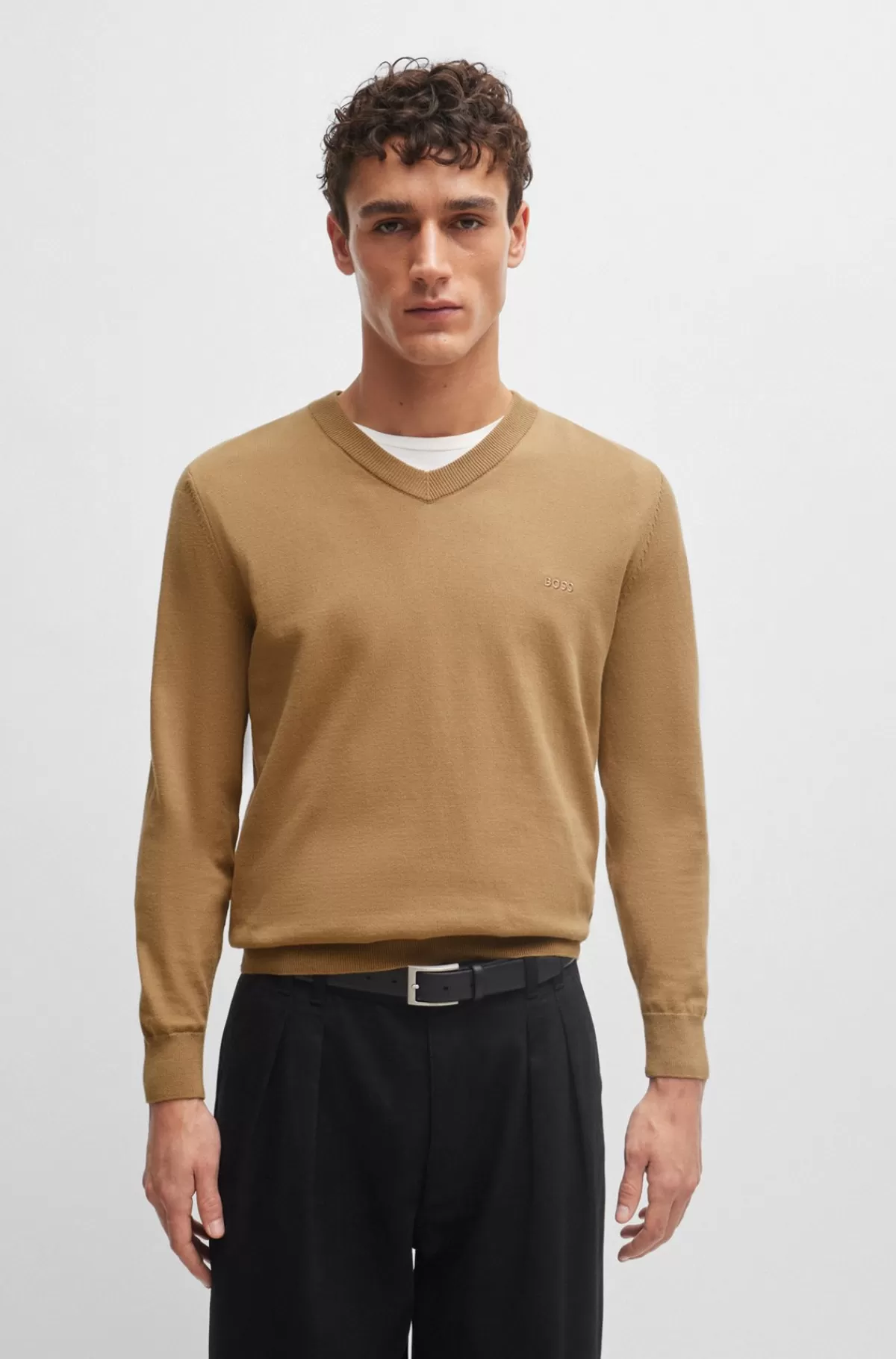 HUGO BOSS Sweater Med V-hals I Bomuld Med Broderet Logo Beige Flash Sale