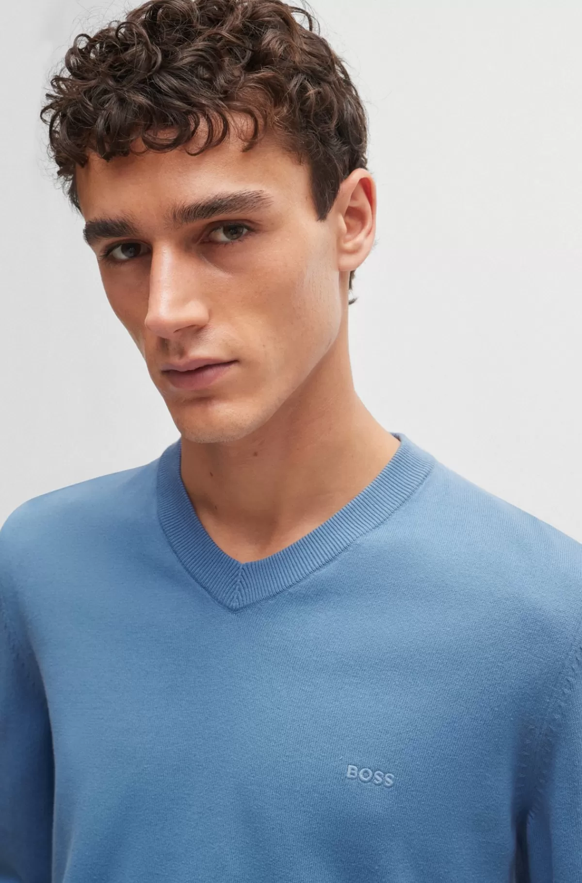 HUGO BOSS Sweater Med V-hals I Bomuld Med Broderet Logo Blå Clearance