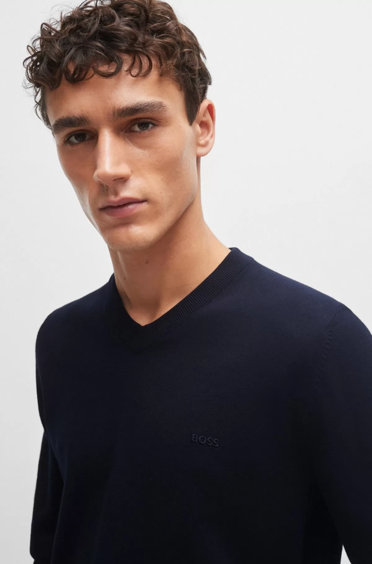 HUGO BOSS Sweater Med V-hals I Bomuld Med Broderet Logo Mørkeblå Cheap
