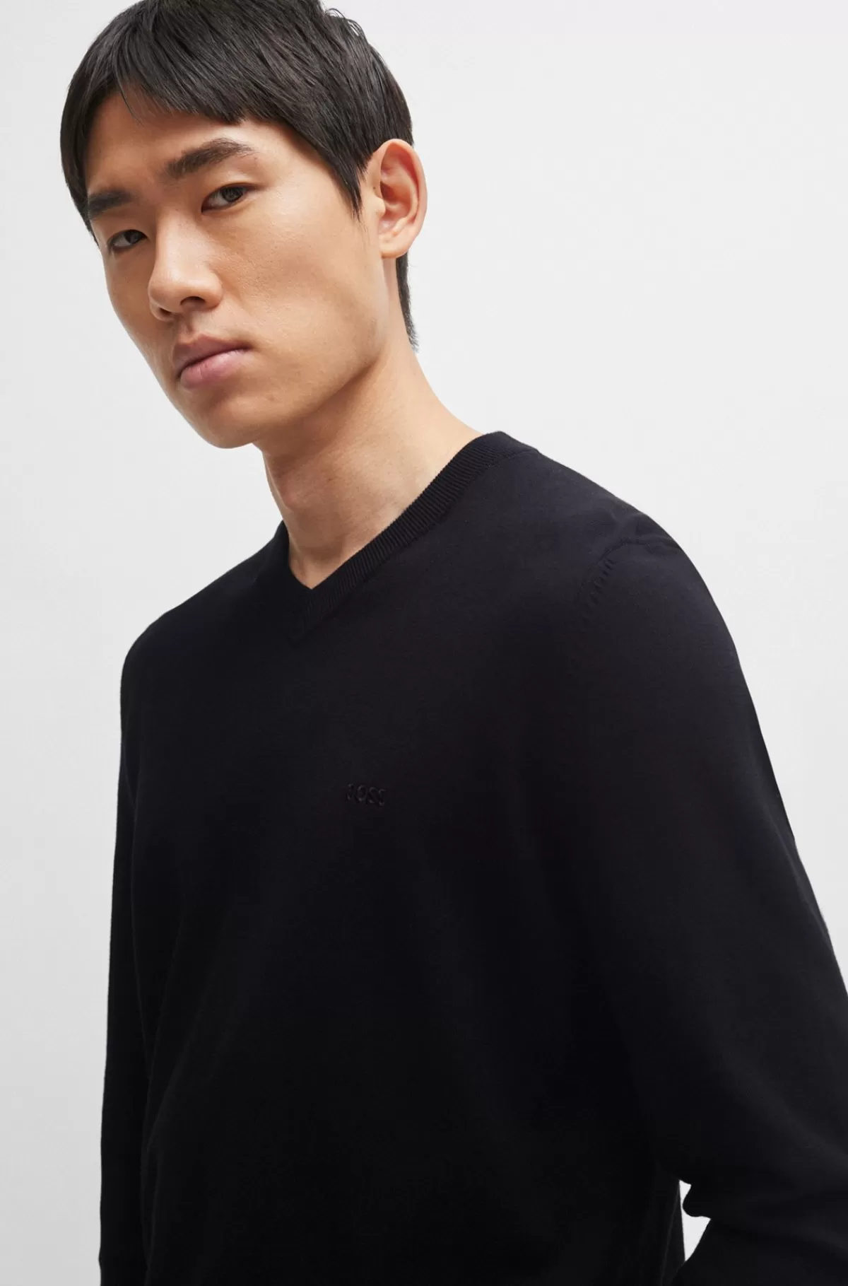 HUGO BOSS Sweater Med V-hals I Bomuld Med Broderet Logo Sort Discount