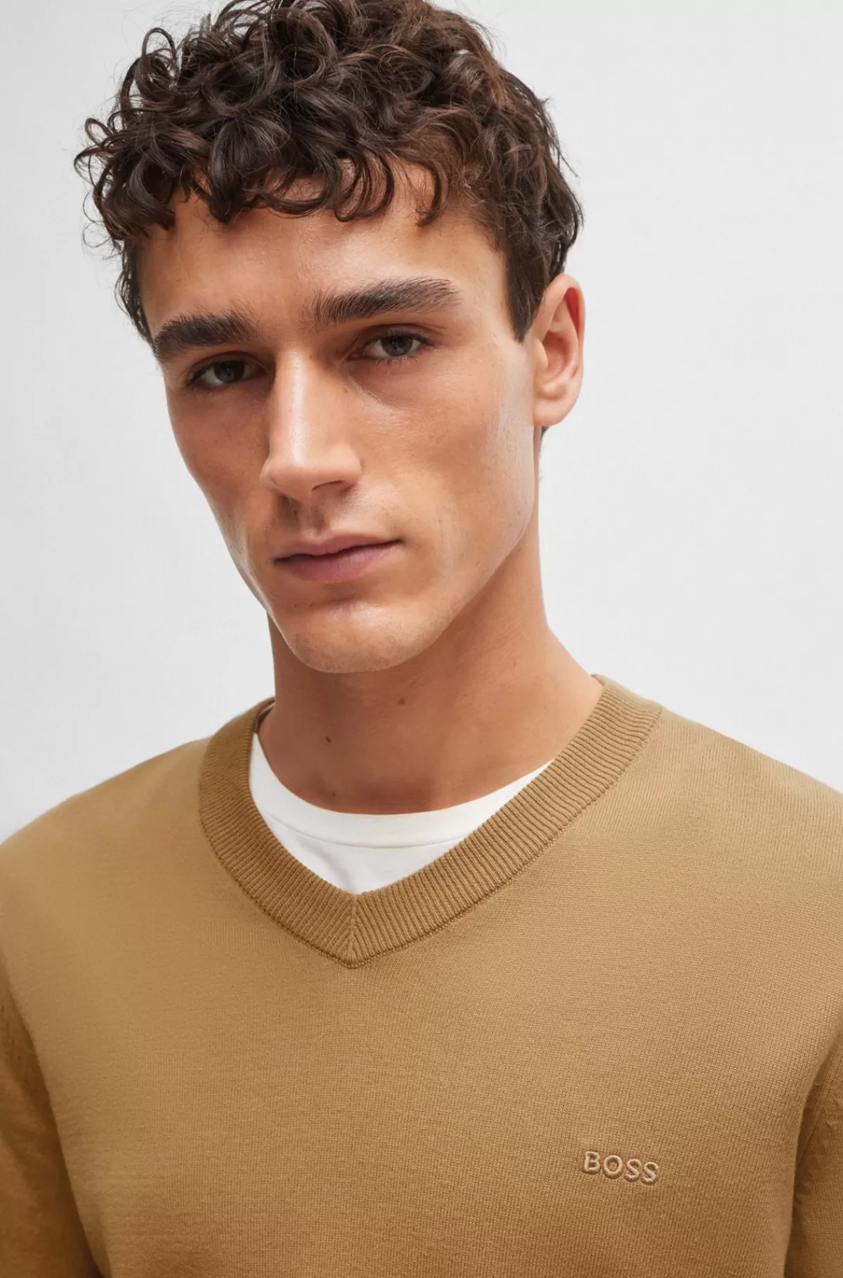 HUGO BOSS Sweater Med V-hals I Bomuld Med Broderet Logo Beige Flash Sale